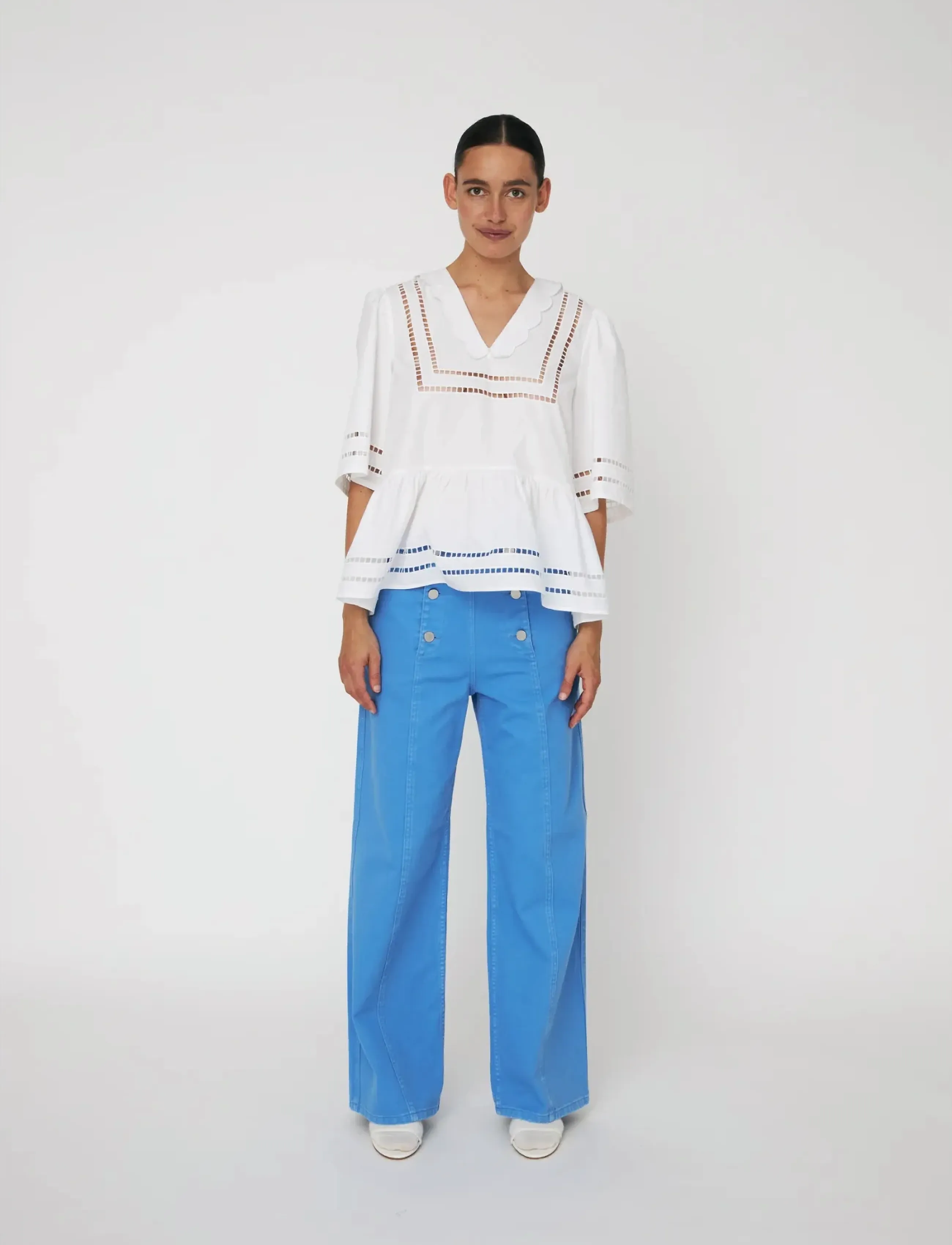 Stella Nova Top With Scallop Edge Collar, 40, White, Bluser > Kortærmede, Dame