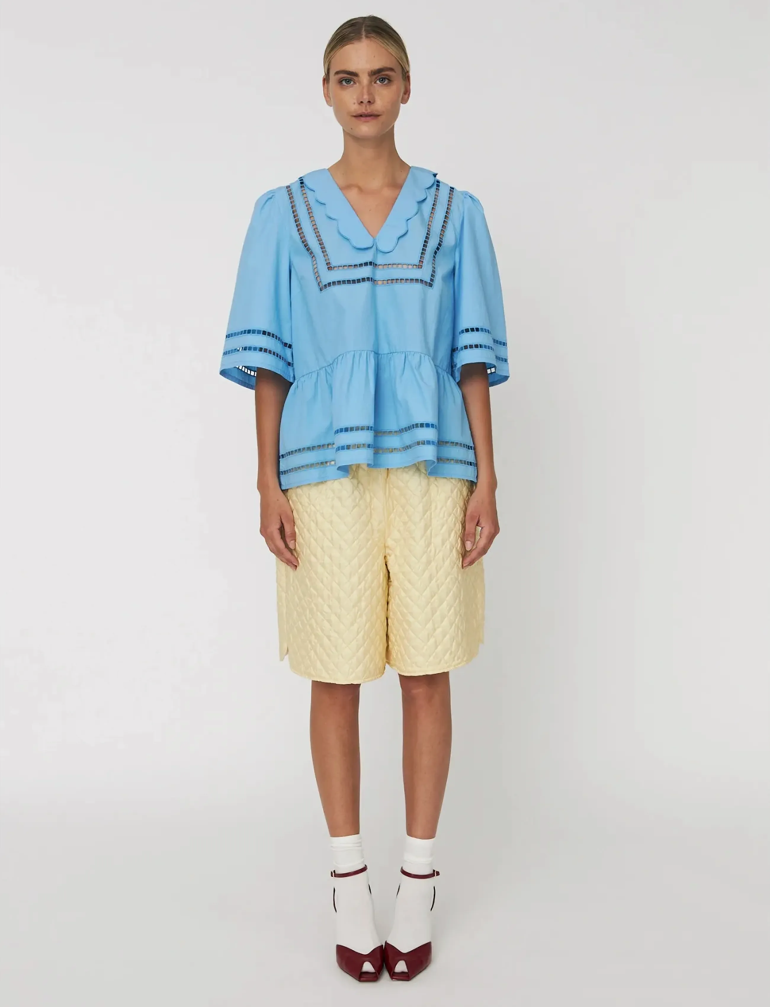 Stella Nova Top With Scallop Edge Collar, Kvinder, Flæsekrave Broderie Anglaise Peplum Top, Blå, Str: 34