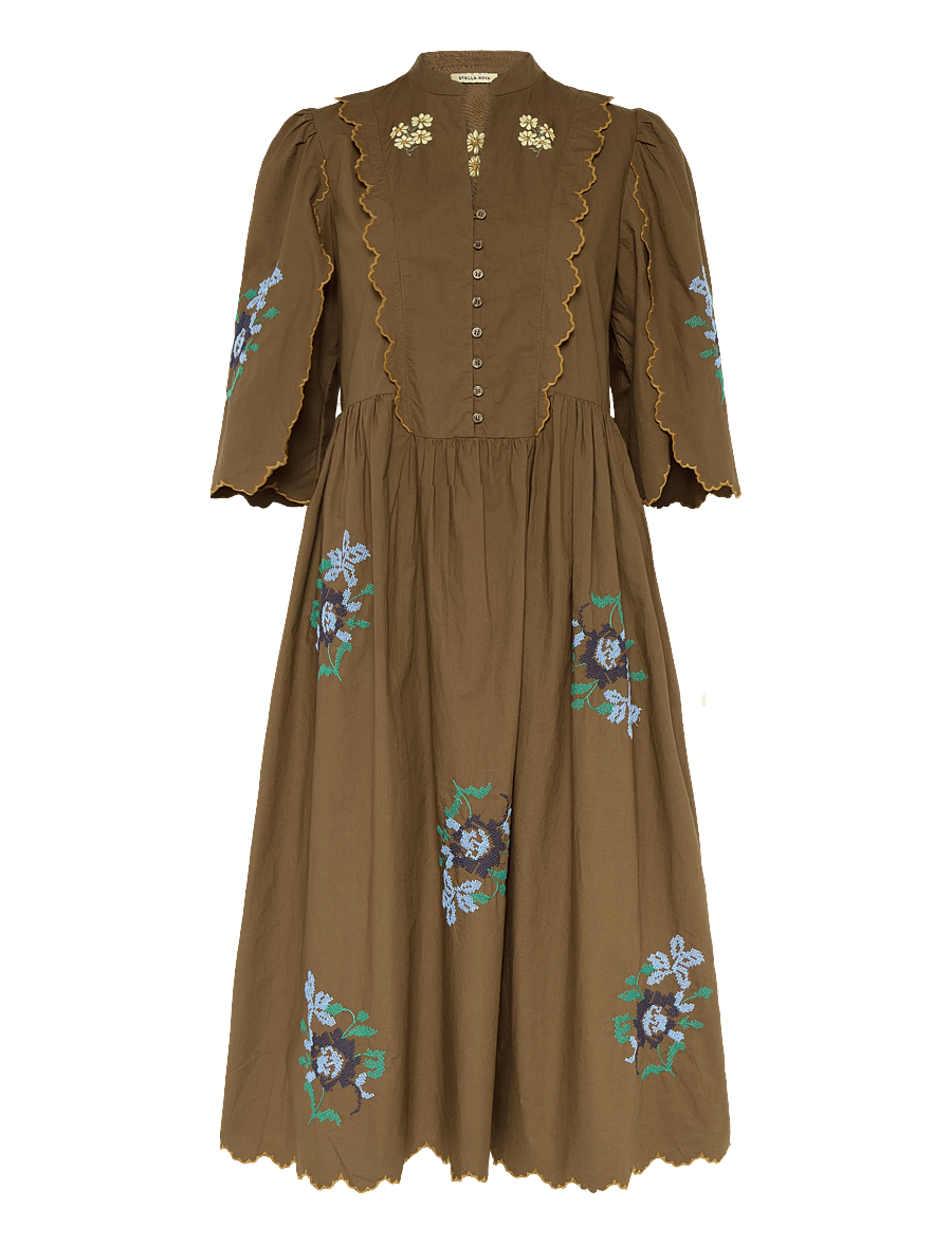 Stella Nova - Embroidered Loose Midi Dress - brown - 0