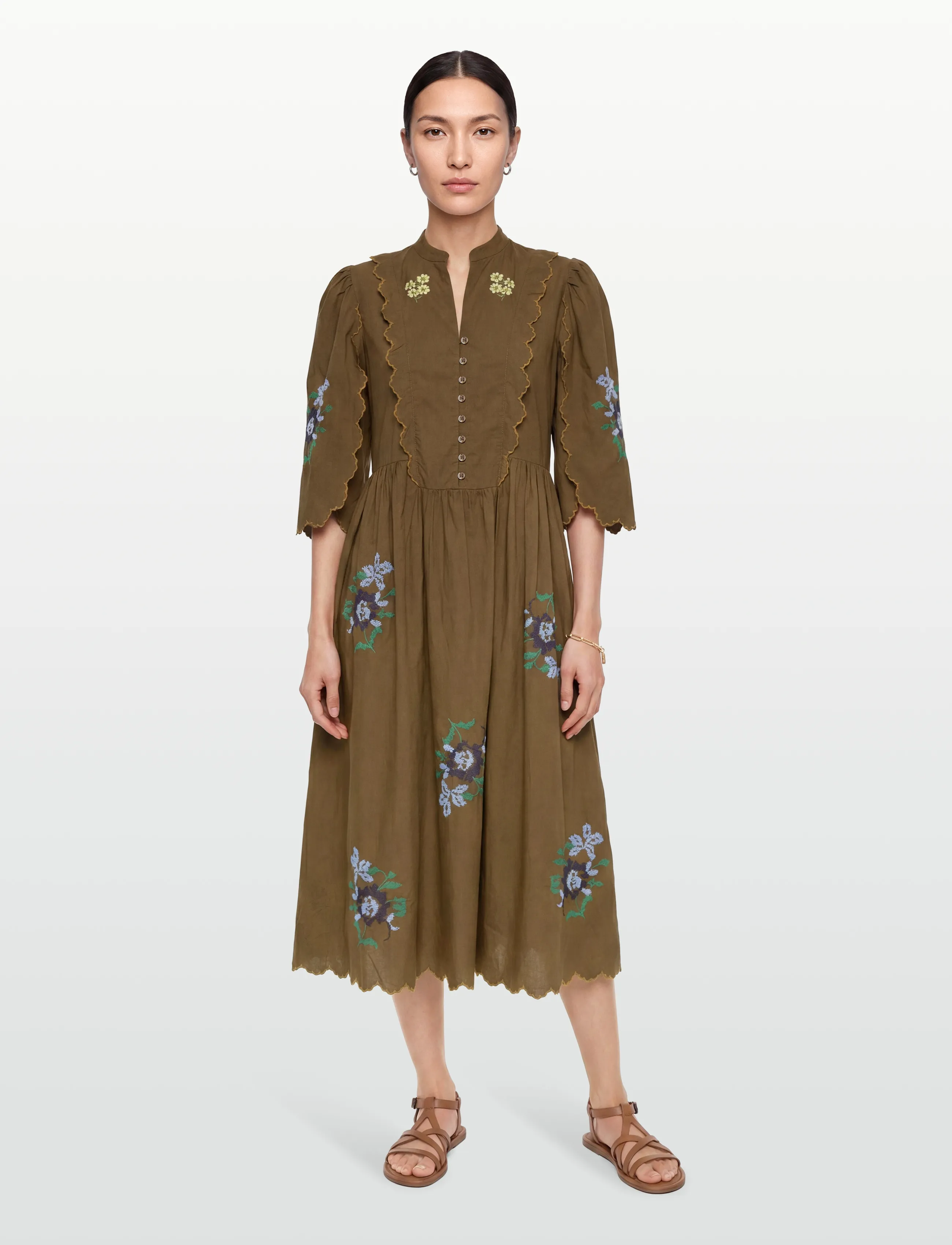 Stella Nova Embroidered Loose Midi Dress, 34, Dresses, Braun - Knee-length & Midi, Frauen