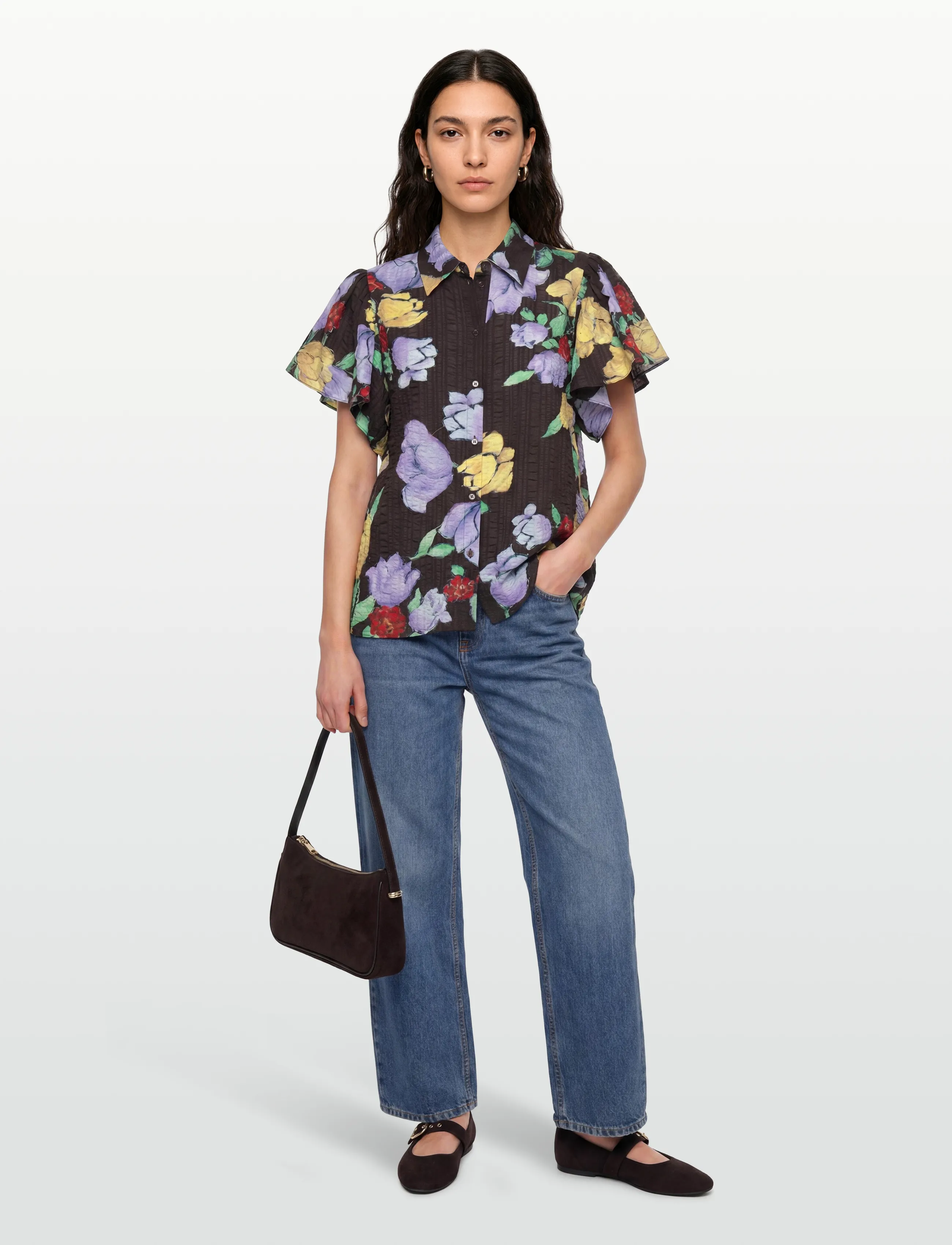 Stella Nova Flowered Cotton Top - Blūzes ar īsām piedurknēm - DARK FLOWERS / multi