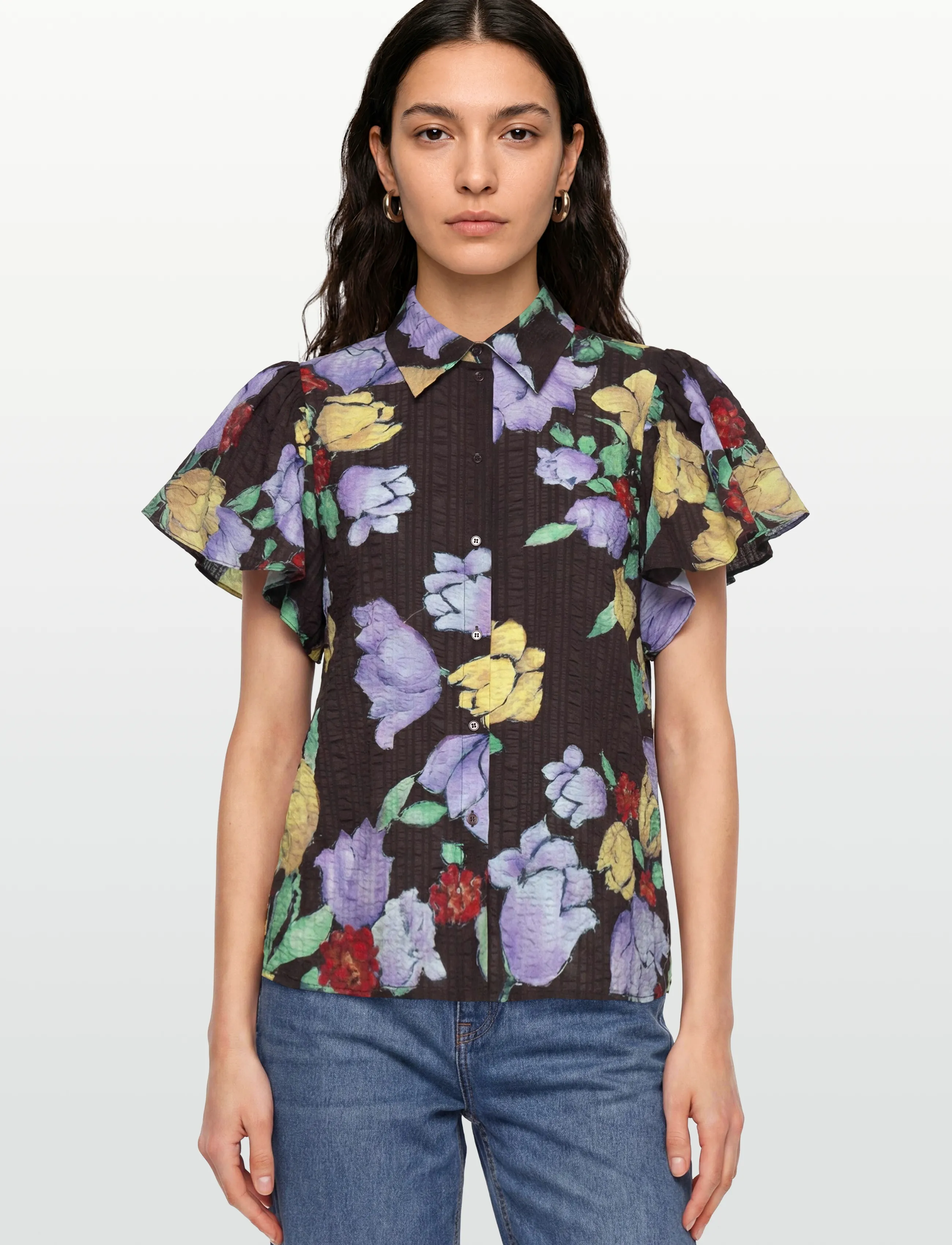 Stella Nova - Flowered Cotton Top - lühikeste varrukatega särgid - dark flowers - 3