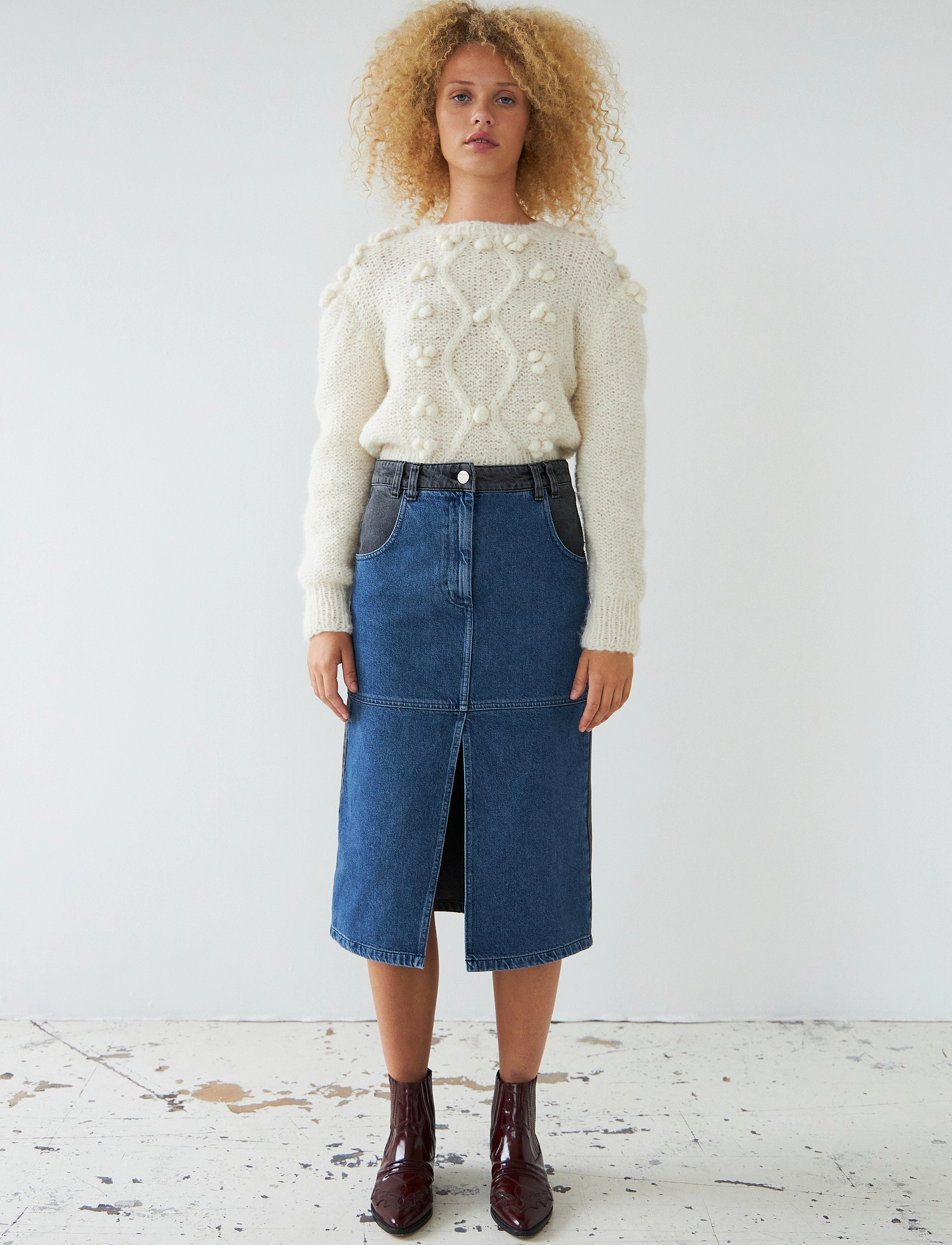 Stella Nova Black And Blue Denim Midi Skirt, 34, Designer, Blau - Knee-length & Midi, Frauen
