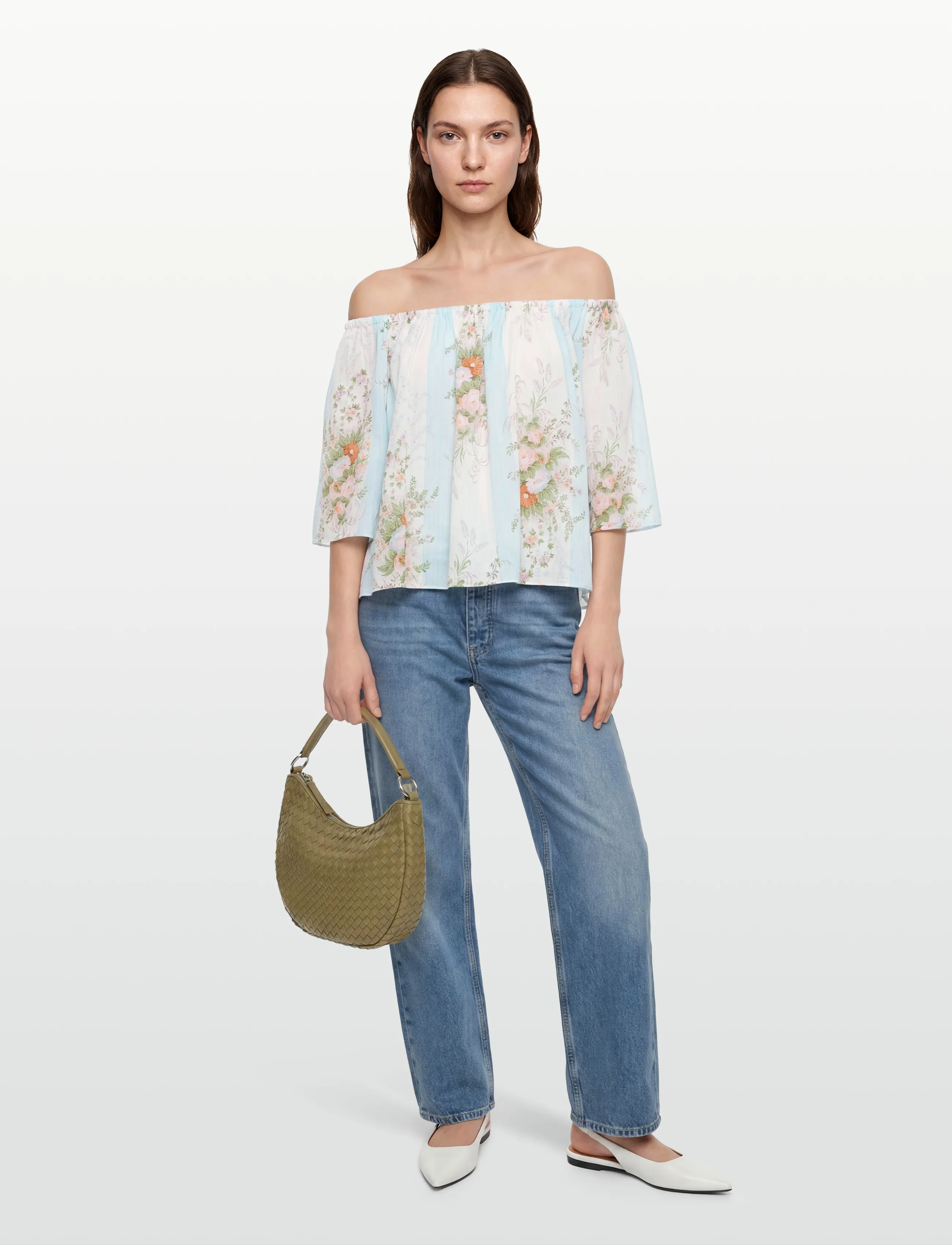 Stella Nova Loose Blouse With Drop Shoulders, Kvinder, Blomstret Stribet Off-Shoulder Bluse, Cream, Str: 42