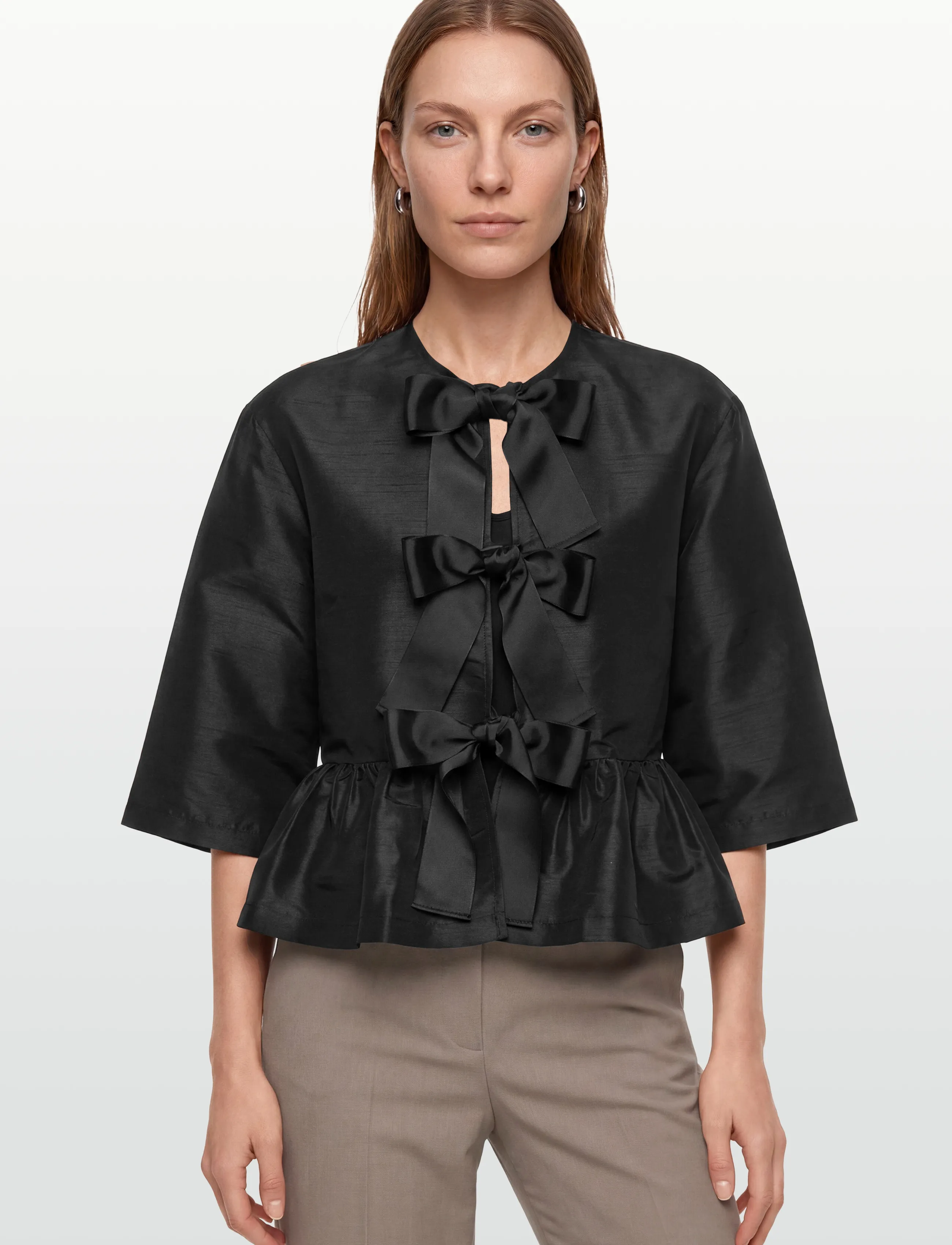 Stella Nova - Crispy Peplum Bow Blouse - kortärmade blusar - black - 3