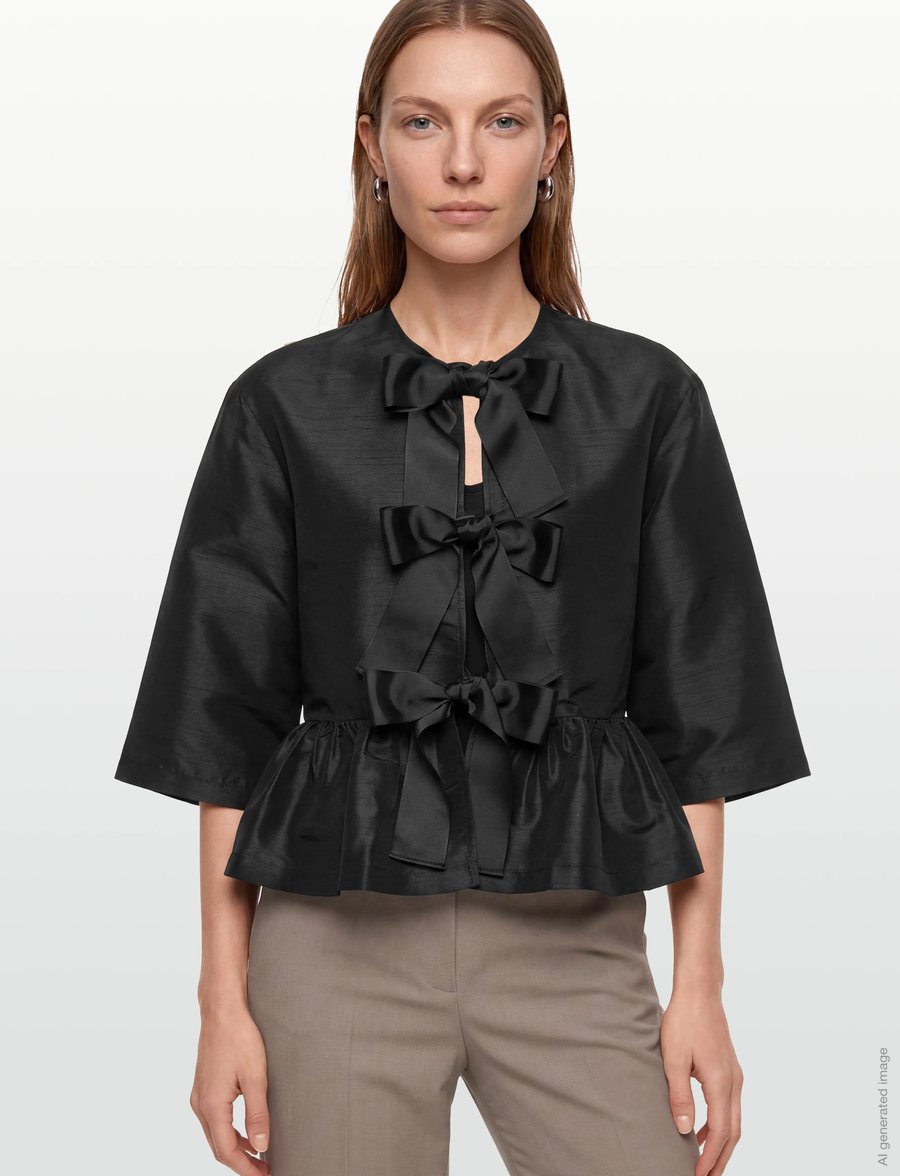 Stella Nova - Crispy Peplum Bow Blouse - kortärmade blusar - black - 3
