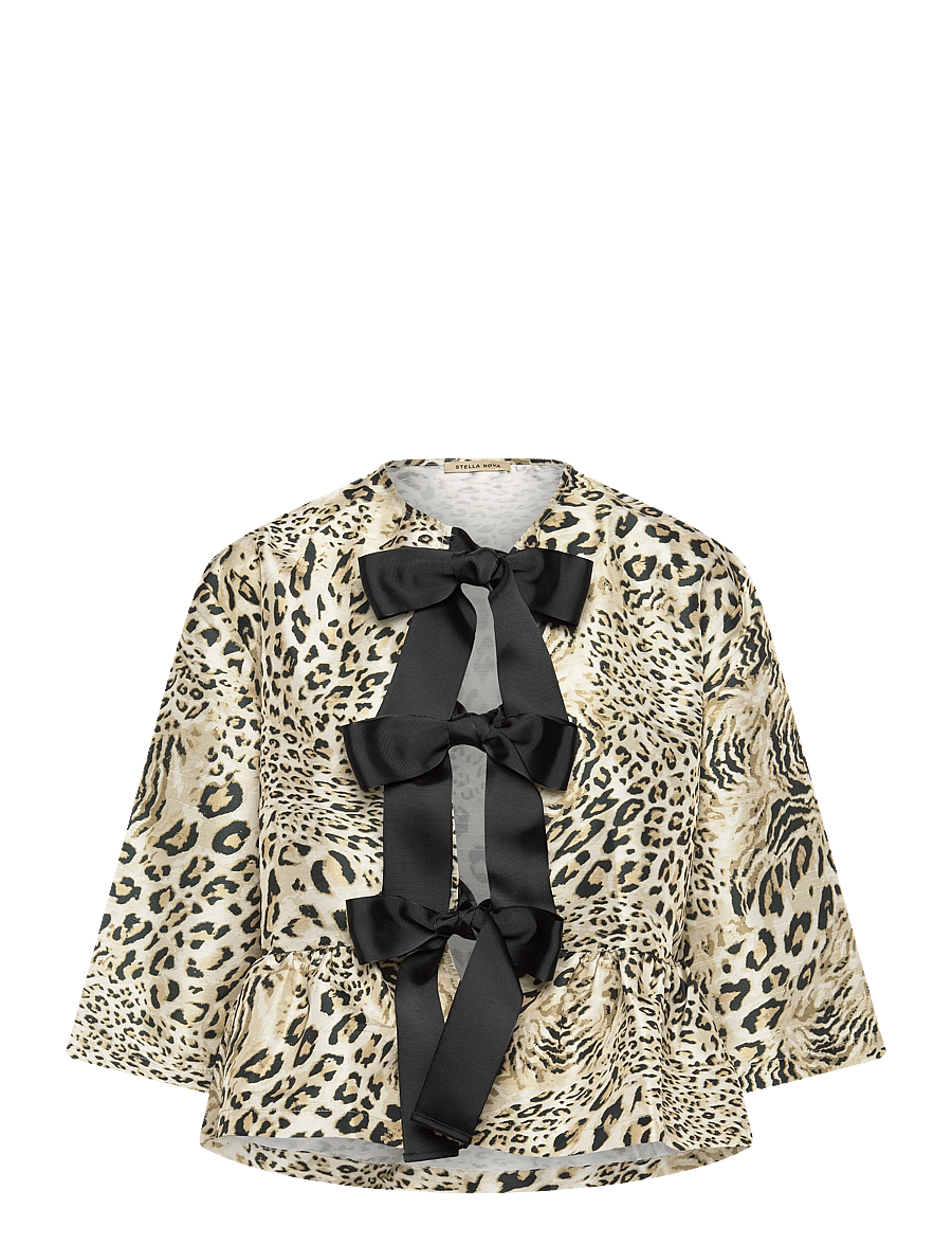Stella Nova - Crispy Peplum Bow Blouse - short-sleeved blouses - leopard - 0