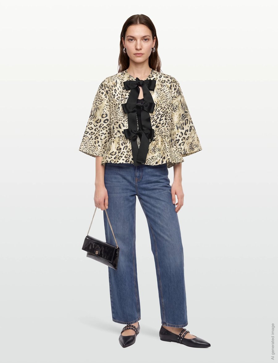 Stella Nova - Crispy Peplum Bow Blouse - kurzärmelige blusen - leopard - 0