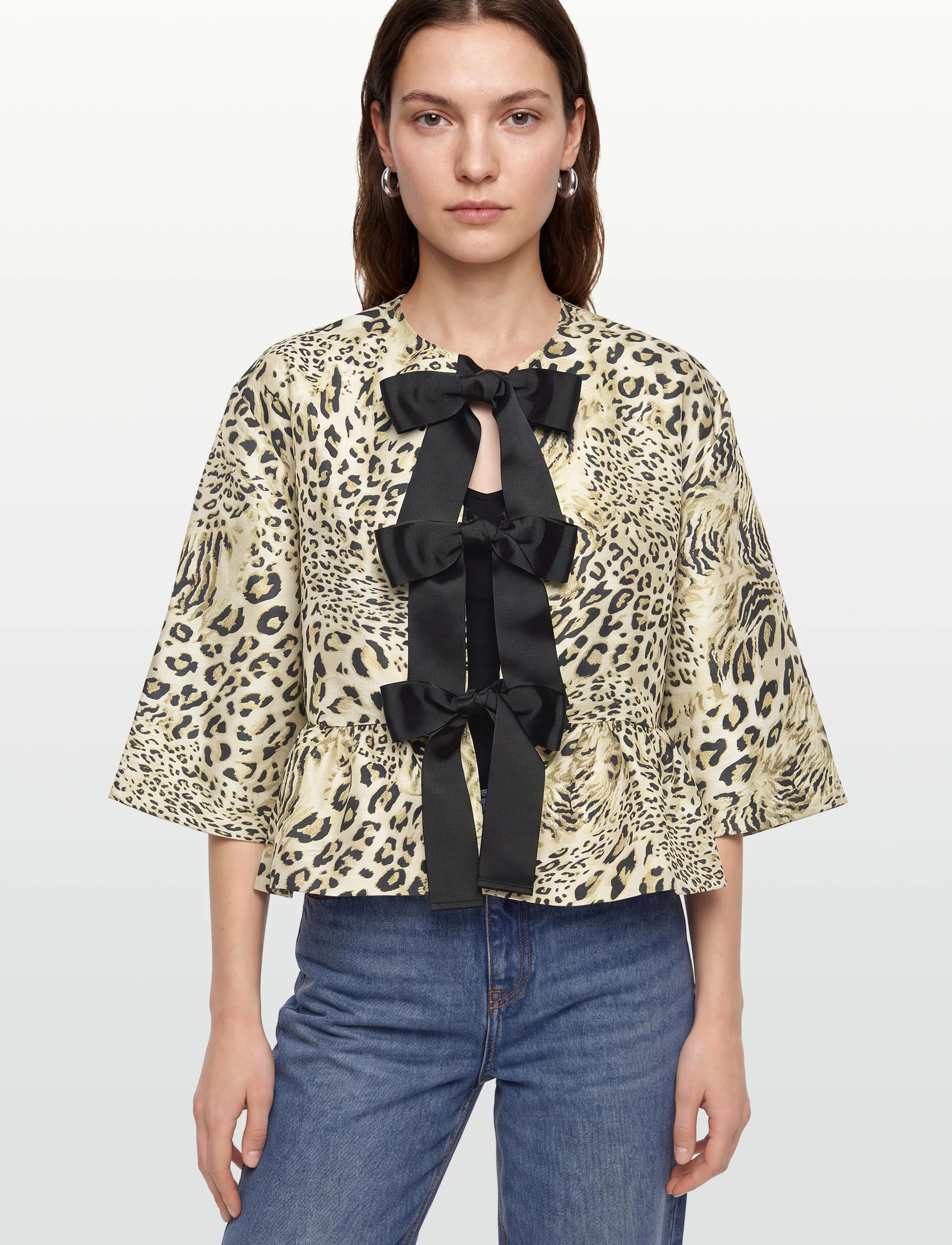 Stella Nova - Crispy Peplum Bow Blouse - kurzämlige blusen - leopard - 3