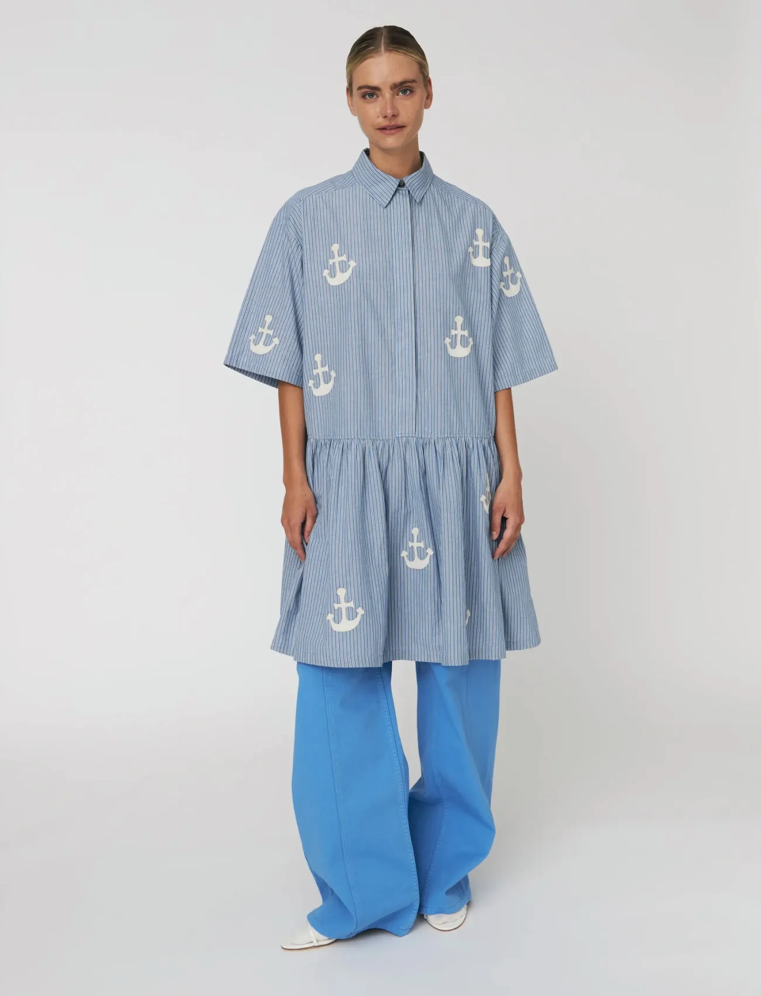 Stella Nova Oversized Dress With Embroidered Anchor, 34, Designer, Blau - Summer Dresses, Frauen