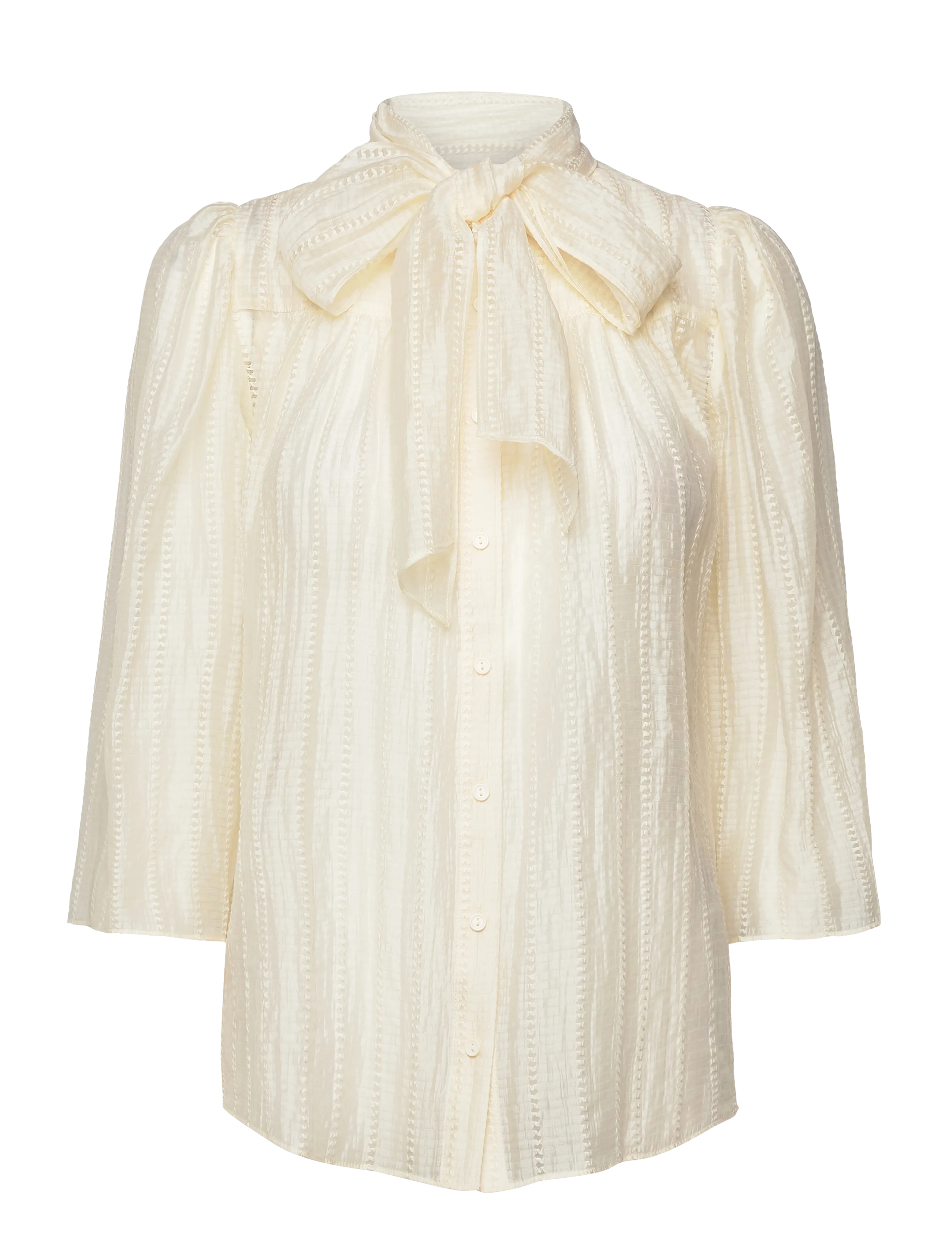 Stella Nova - Pointelle High-Neck Bow Blouse - long sleeved blouses - vanilla - 1