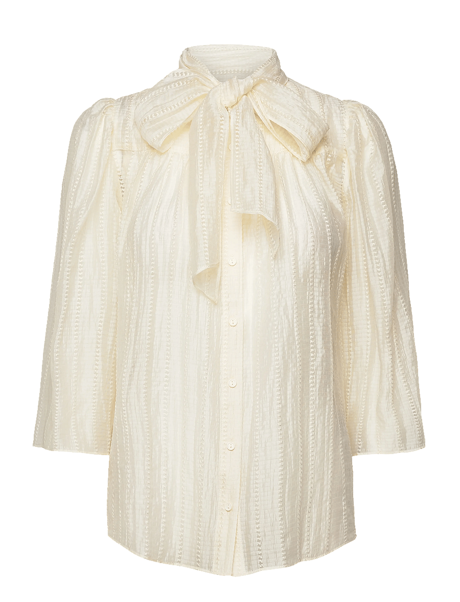 Stella Nova - Pointelle High-Neck Bow Blouse - long sleeved blouses - vanilla - 1