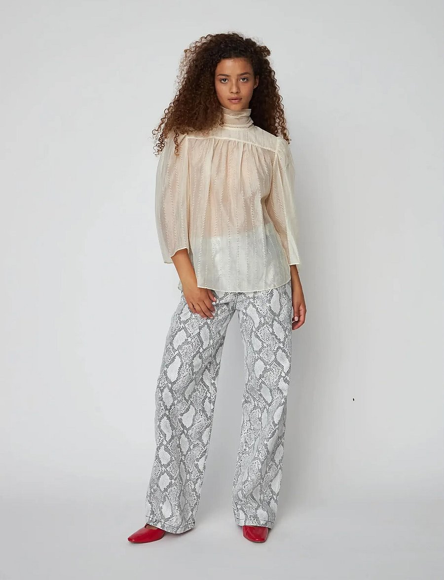 Stella Nova - Pointelle High-Neck Bow Blouse - long sleeved blouses - vanilla - 0