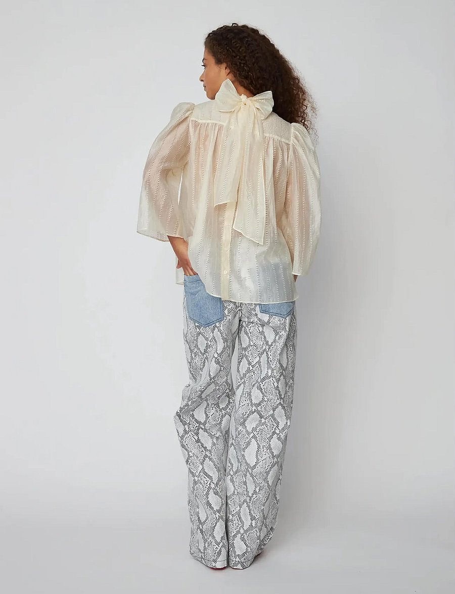 Stella Nova - Pointelle High-Neck Bow Blouse - long sleeved blouses - vanilla - 3