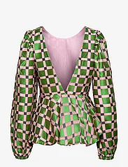 STINE GOYA - Gara, 1494 Glitter Organza - long-sleeved blouses - lilac graphic check - 1