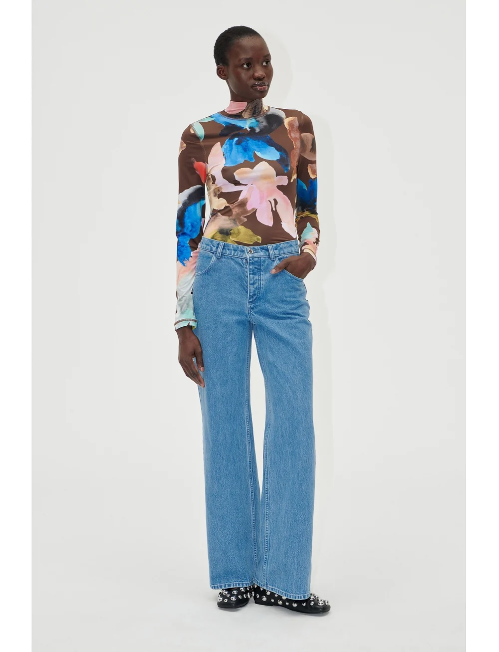 STINE GOYA - Elastic High Neck Collared Top, 224 - topi ar garām piedurknēm - aquarelle garden - 0