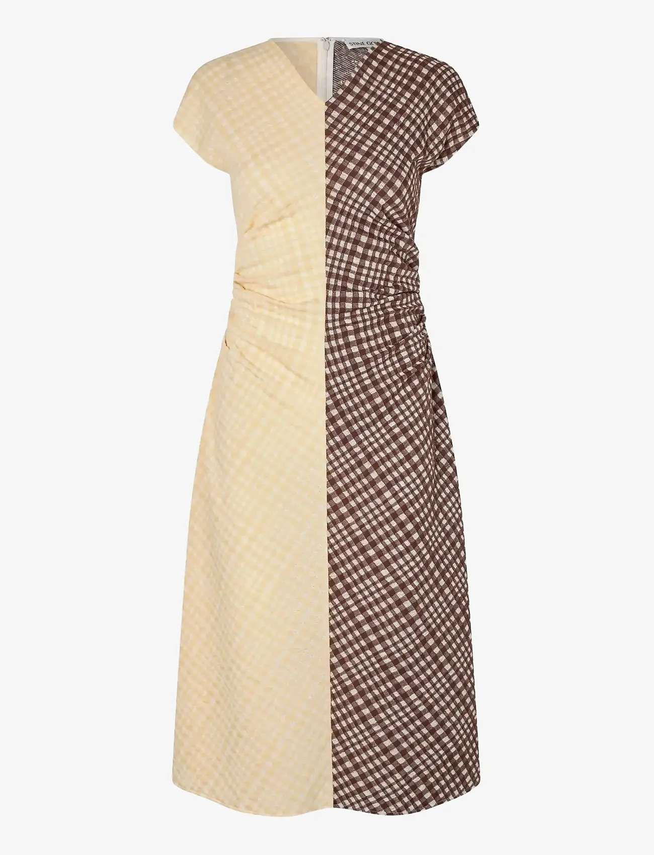 STINE GOYA - 2118 Checkered Jersey, Ruched Waist - midiklänningar - brown and yellow checks - 1