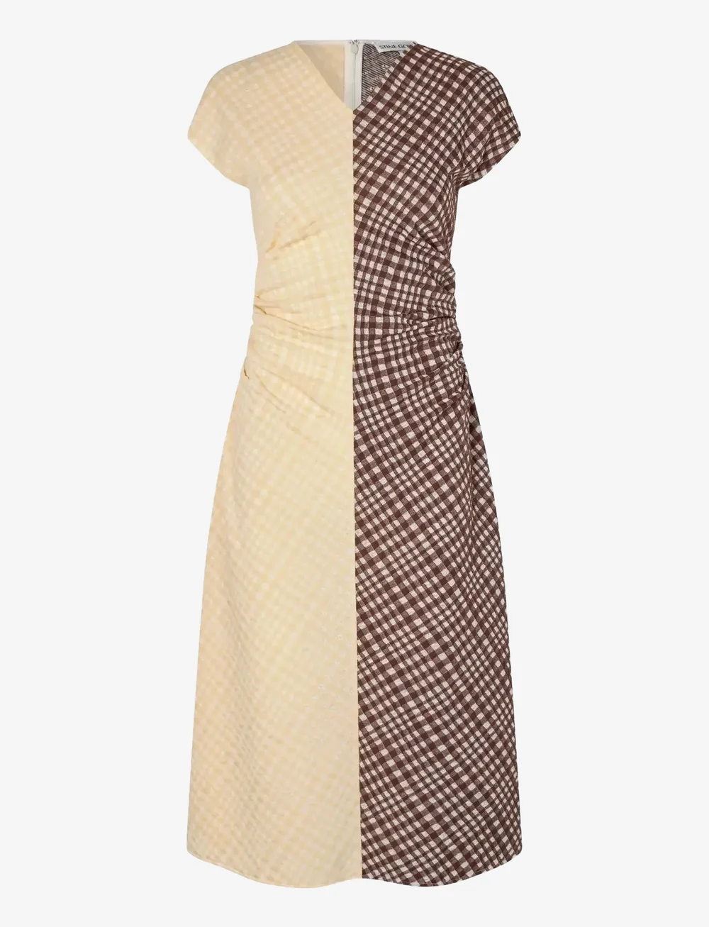 STINE GOYA - 2118 Checkered Jersey, Ruched Waist - robes midi - brown and yellow checks - 1