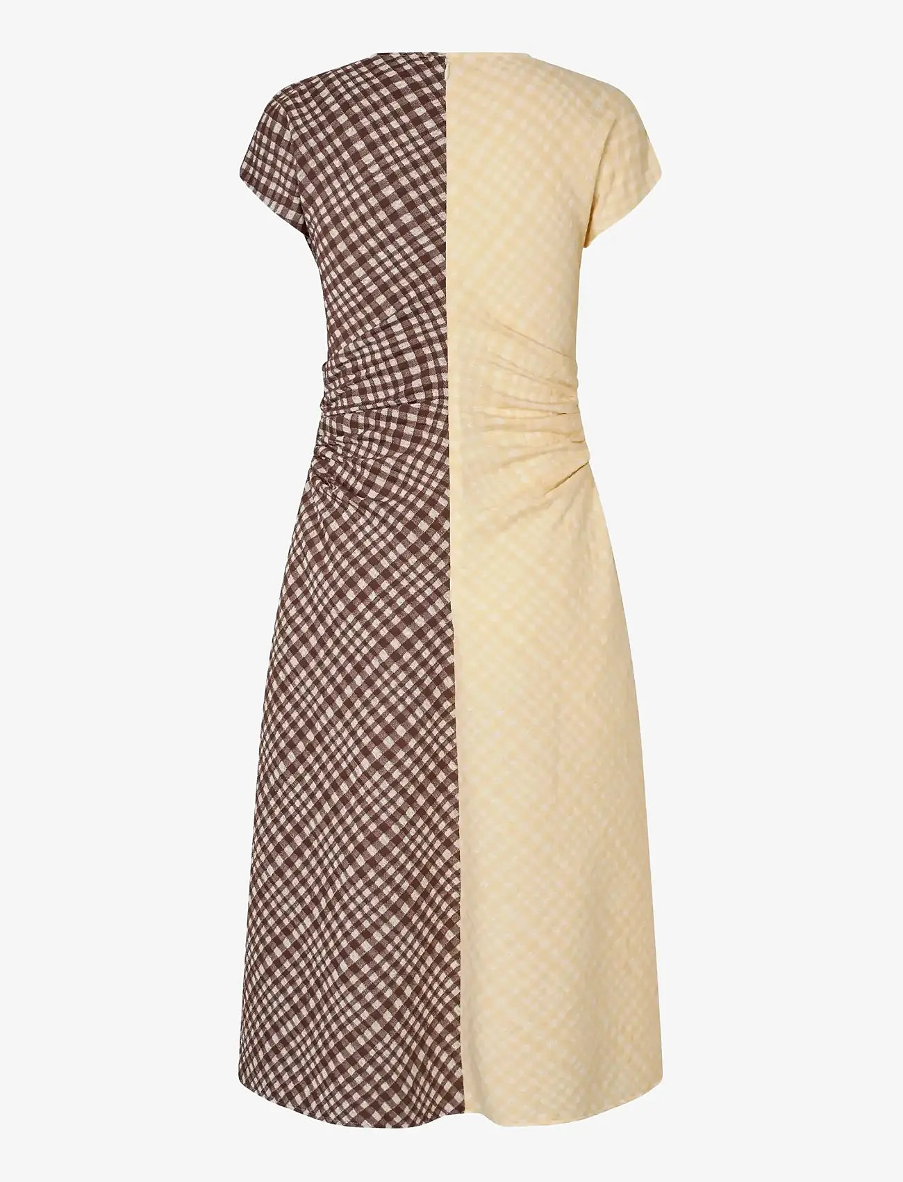 STINE GOYA - 2118 Checkered Jersey, Ruched Waist - midiklänningar - brown and yellow checks - 2