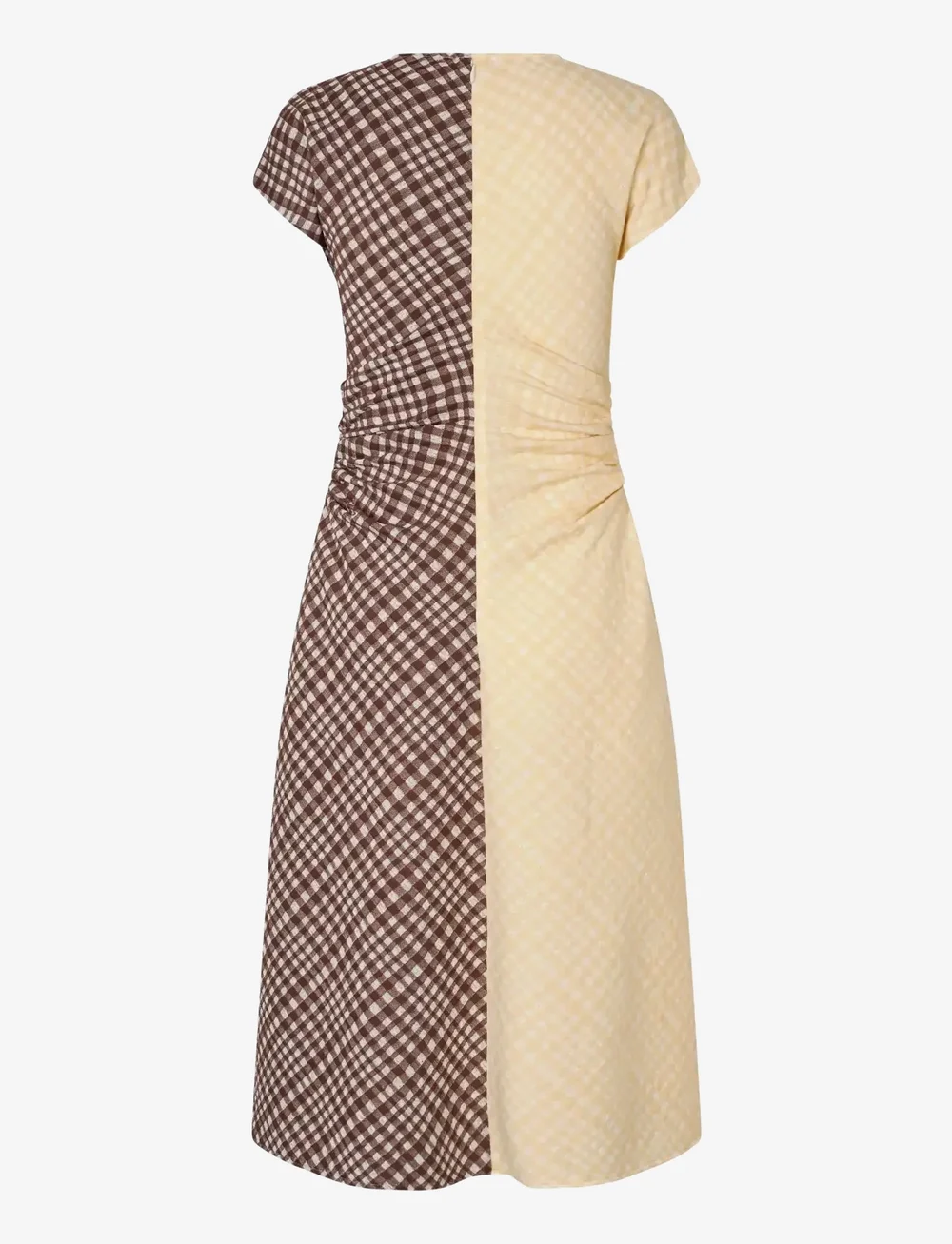 STINE GOYA - 2118 Checkered Jersey, Ruched Waist - robes midi - brown and yellow checks - 2