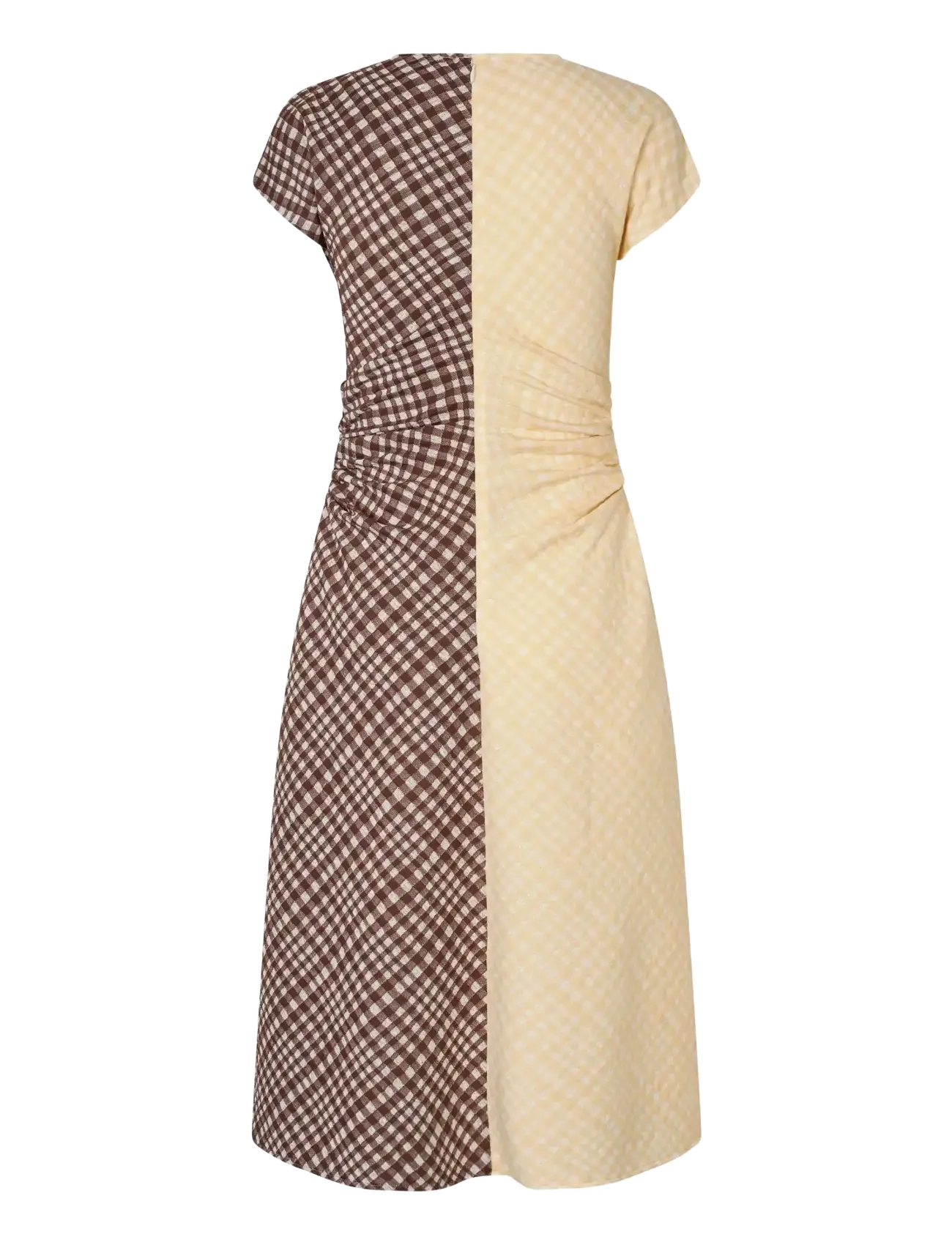 STINE GOYA - 2118 Checkered Jersey, Ruched Waist - midi dresses - brown and yellow checks - 2