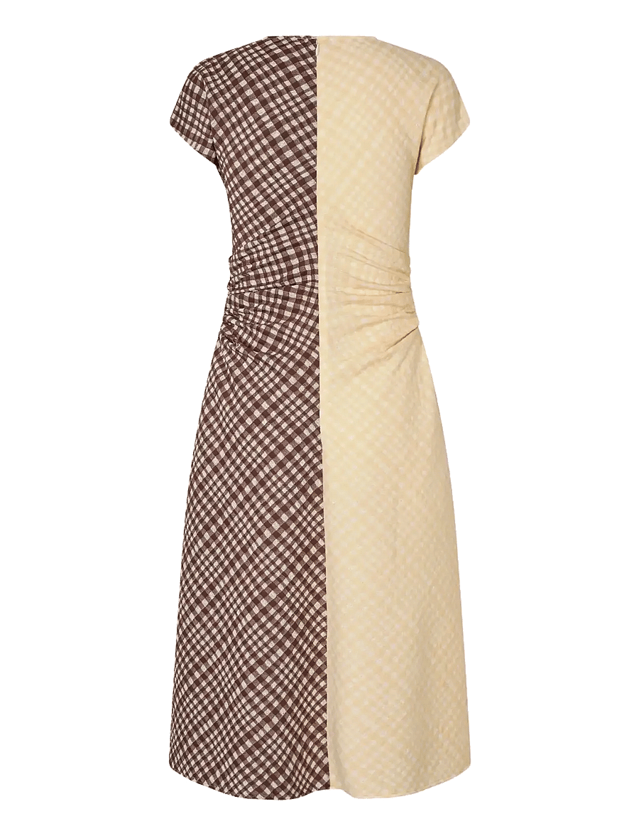 STINE GOYA - 2118 Checkered Jersey, Ruched Waist - midi-kleider - brown and yellow checks - 2