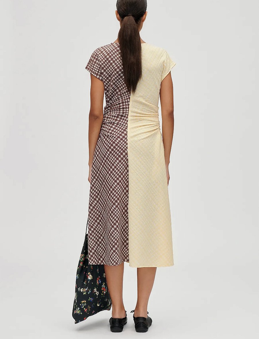 STINE GOYA - 2118 Checkered Jersey, Ruched Waist - midi-kleider - brown and yellow checks - 3