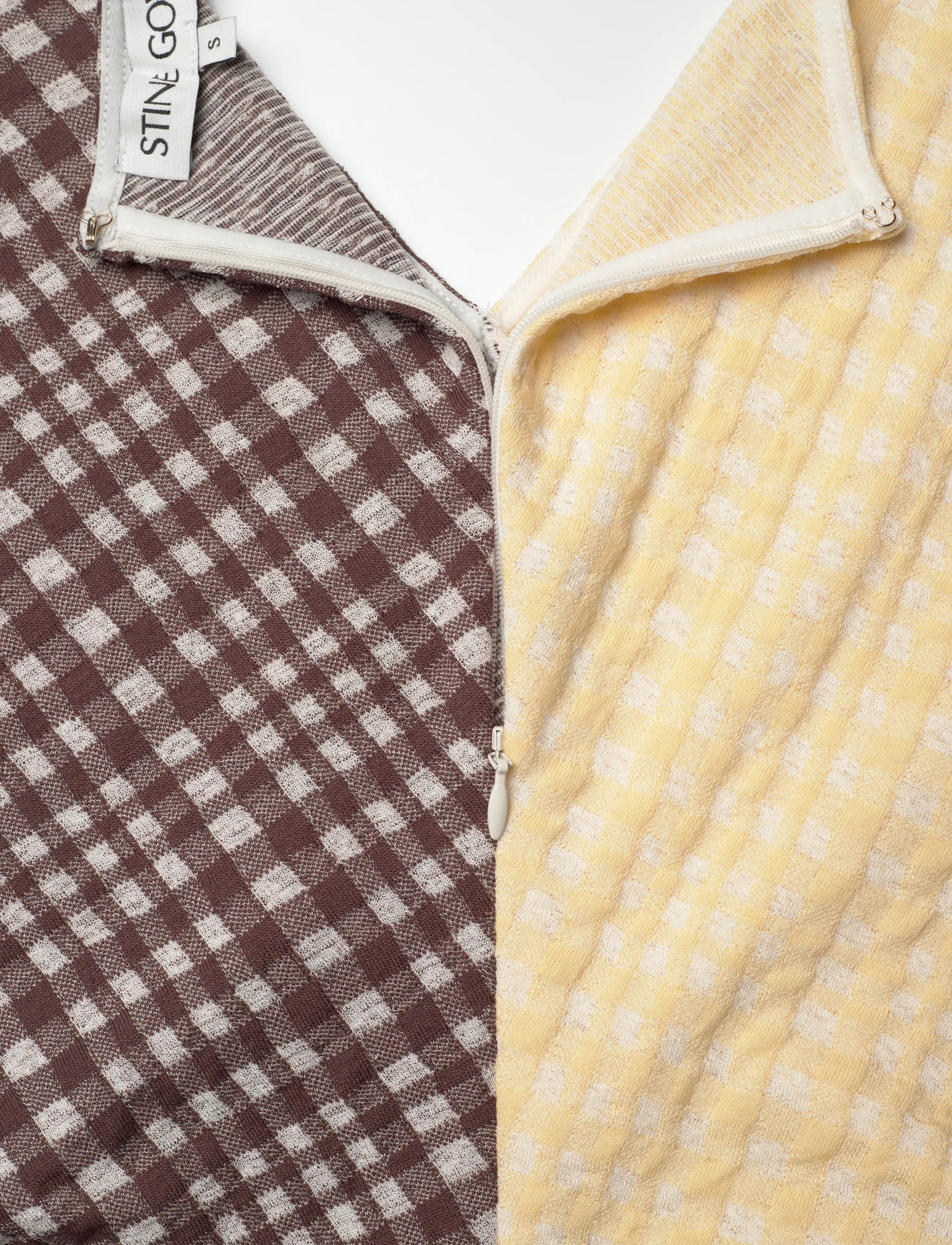 STINE GOYA - 2118 Checkered Jersey, Ruched Waist - midi dresses - brown and yellow checks - 5