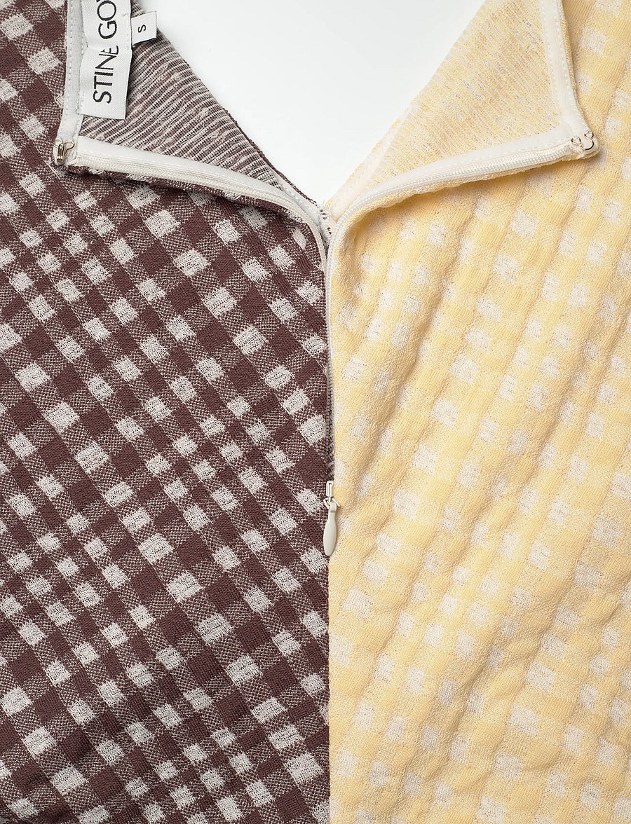STINE GOYA - 2118 Checkered Jersey, Ruched Waist - midi-kleider - brown and yellow checks - 5