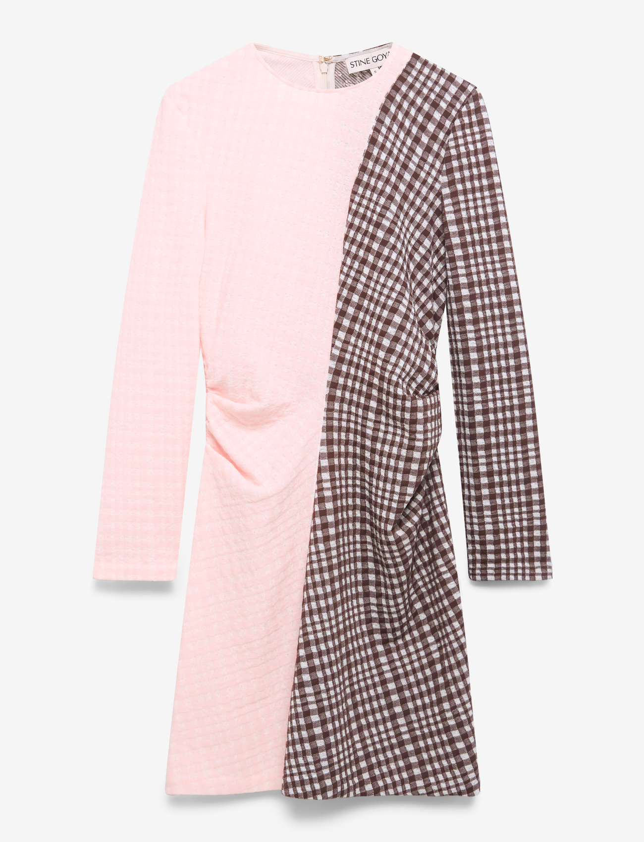 STINE GOYA - 2118 Checkered Jersey, Ruched Waist - korta klänningar - brown and pink checks - 2