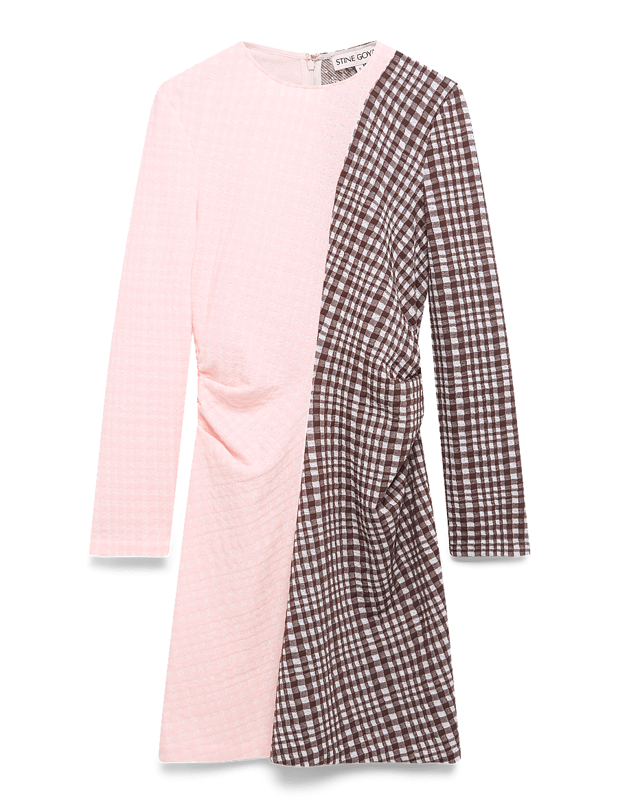 STINE GOYA - 2118 Checkered Jersey, Ruched Waist - kurze kleider - brown and pink checks - 2