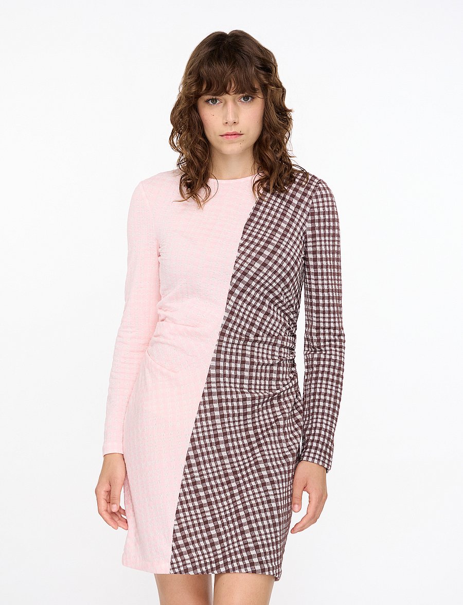STINE GOYA - 2118 Checkered Jersey, Ruched Waist - kurze kleider - brown and pink checks - 0