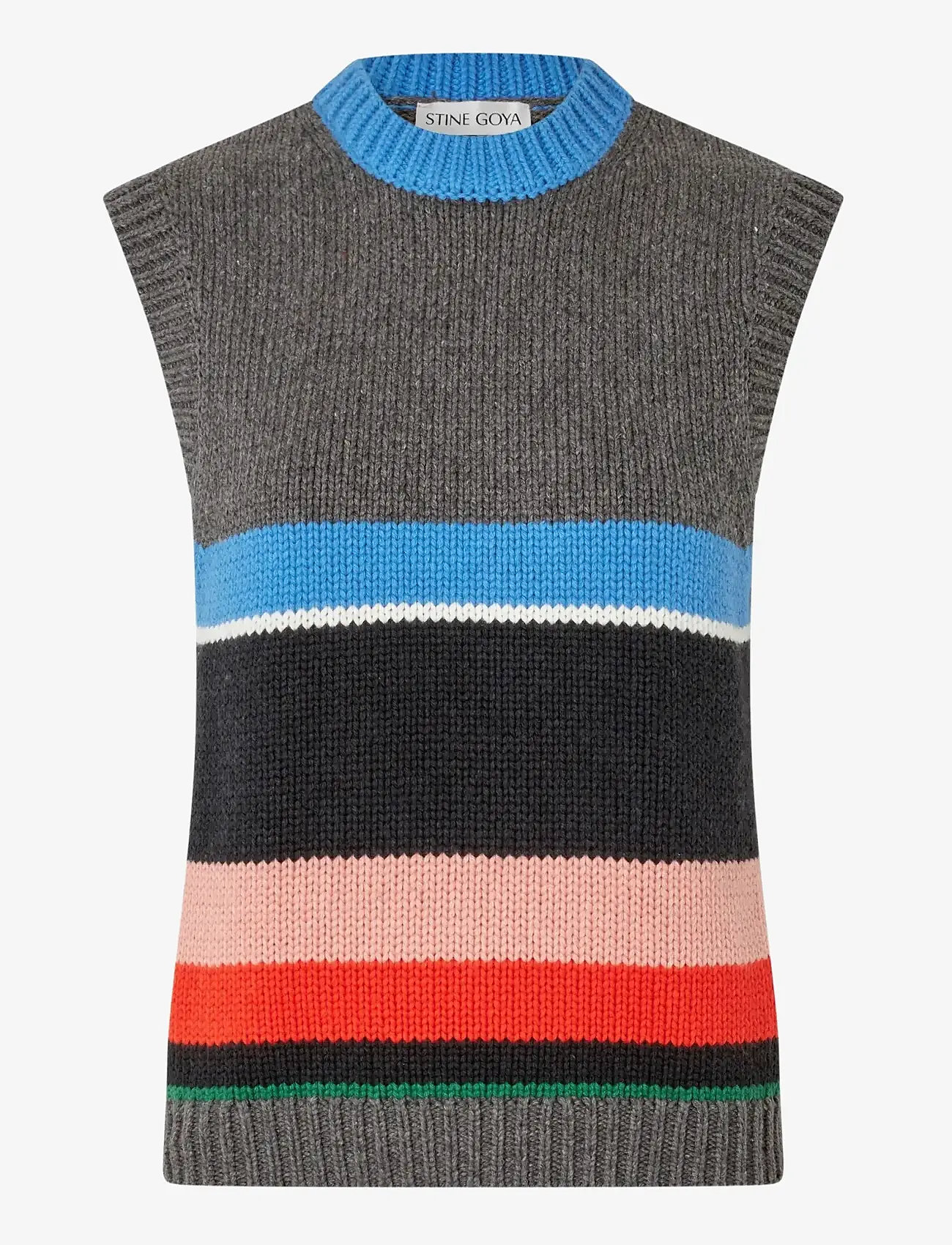 STINE GOYA - 2421 Chunky Cotton Wool, Crewneck V - stickade västar - chunky stripes - 0