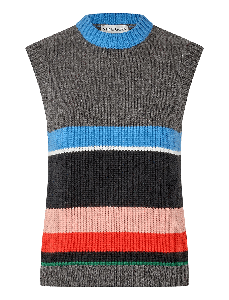 STINE GOYA - 2421 Chunky Cotton Wool, Crewneck V - stickade västar - chunky stripes - 0