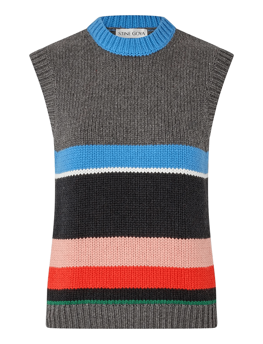 STINE GOYA - 2421 Chunky Cotton Wool, Crewneck V - strikveste - chunky stripes - 0