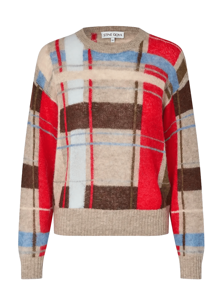 STINE GOYA - 2557 Wool Alpaca, Long Sleeve Crewn - stickade tröjor - scarlet grid - 1