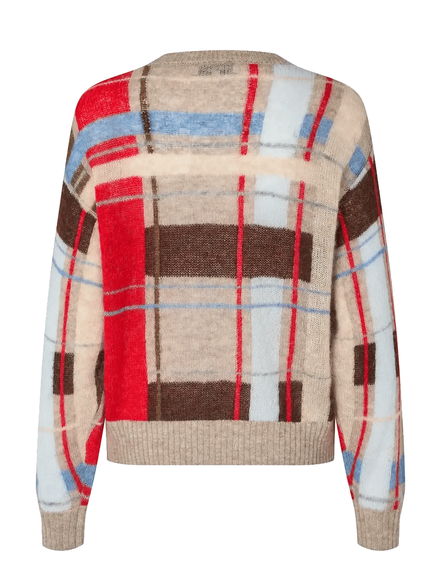 STINE GOYA - 2557 Wool Alpaca, Long Sleeve Crewn - stickade tröjor - scarlet grid - 2