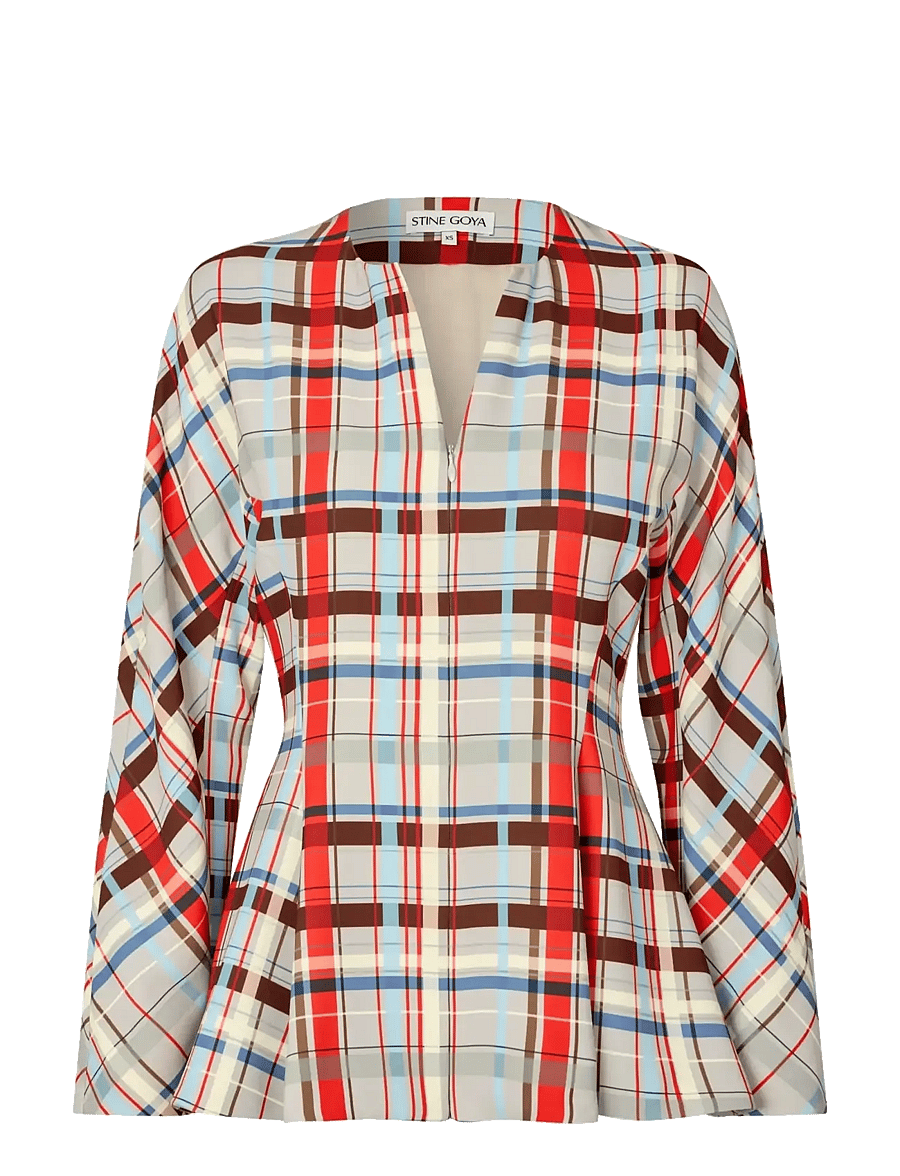 STINE GOYA - 2429 Checkered Cady, Flared Hem Zip - langärmlige tops - scarlet grid - 1