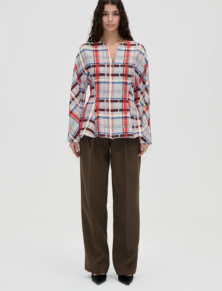 STINE GOYA - 2429 Checkered Cady, Flared Hem Zip - langärmlige tops - scarlet grid - 0