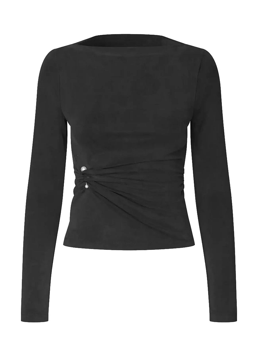 STINE GOYA - 2554 Cupro Jersey, Boatneck Draped - langärmlige tops - black - 1