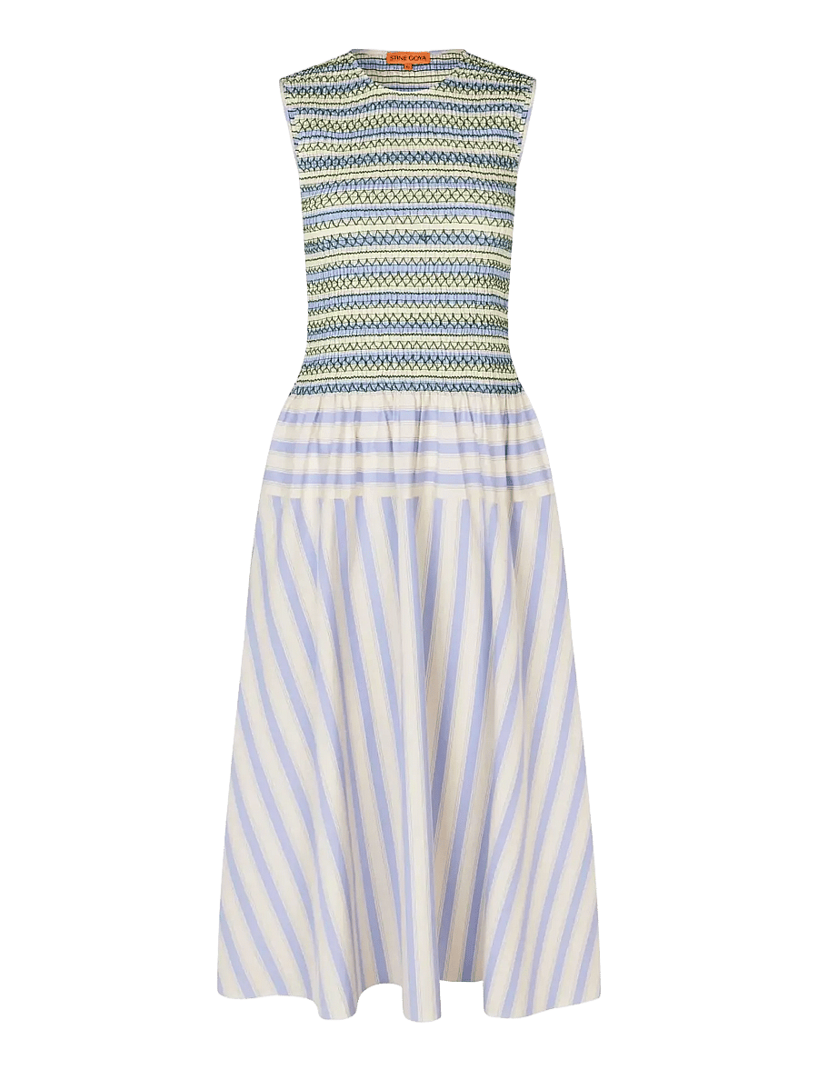 STINE GOYA - 2367 Smocked Cotton, Smocked Gather - midi dresses - pastel stripes - 1