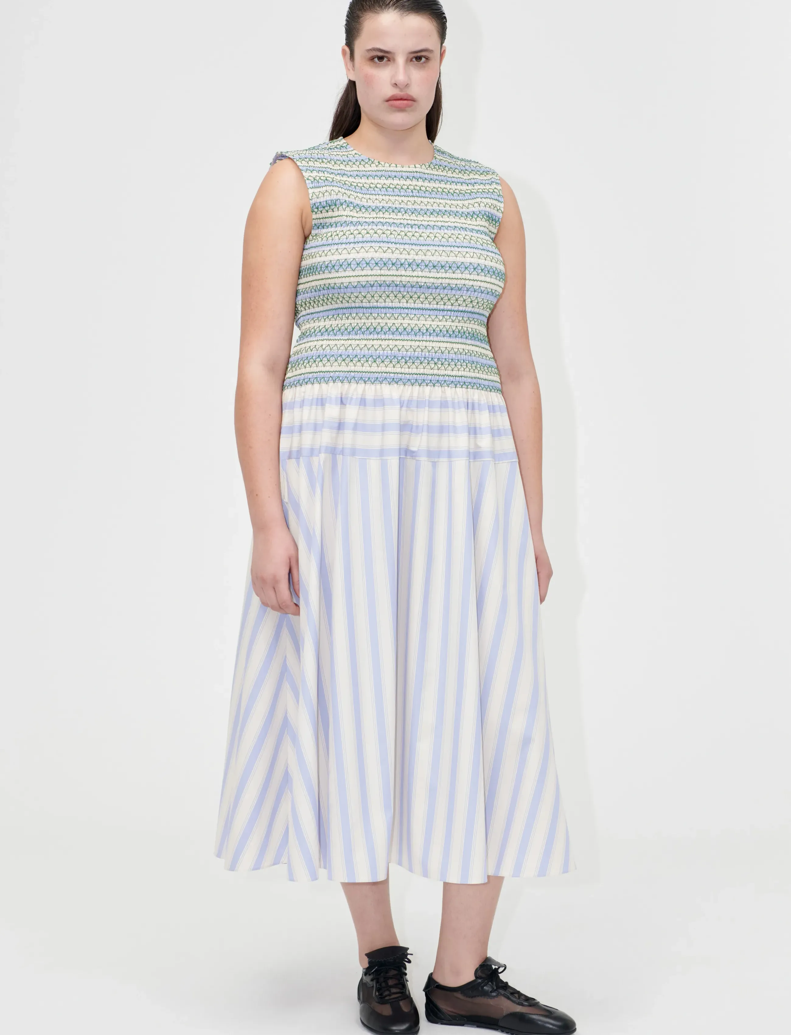 STINE GOYA - 2367 Smocked Cotton, Smocked Gather - midi dresses - pastel stripes - 0