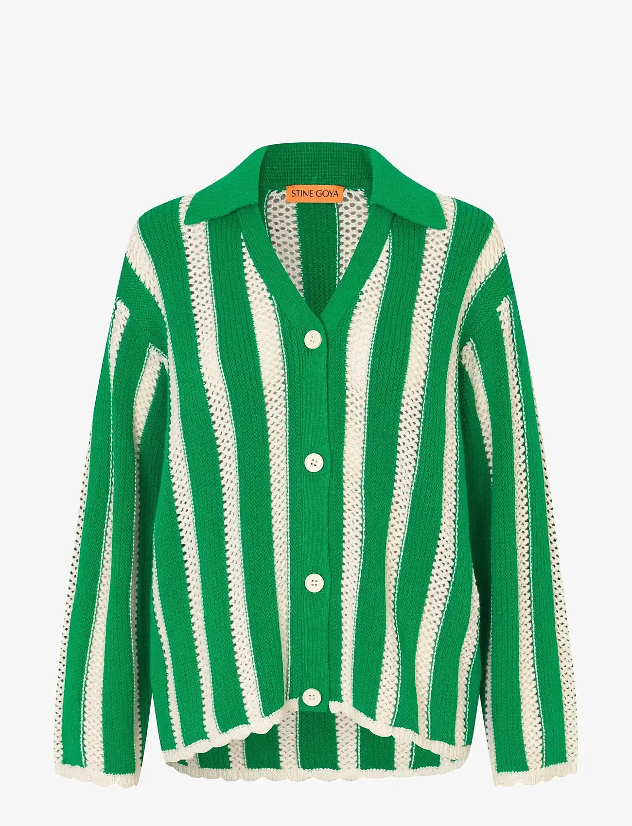 STINE GOYA - 2380 Crochet Texture Knit, Knit Col - kardiganid - green stripes - 1