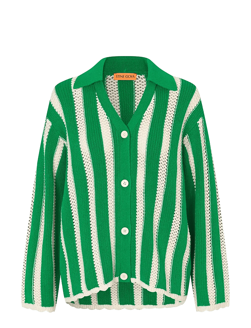 STINE GOYA - 2380 Crochet Texture Knit, Knit Col - kardiganid - green stripes - 1