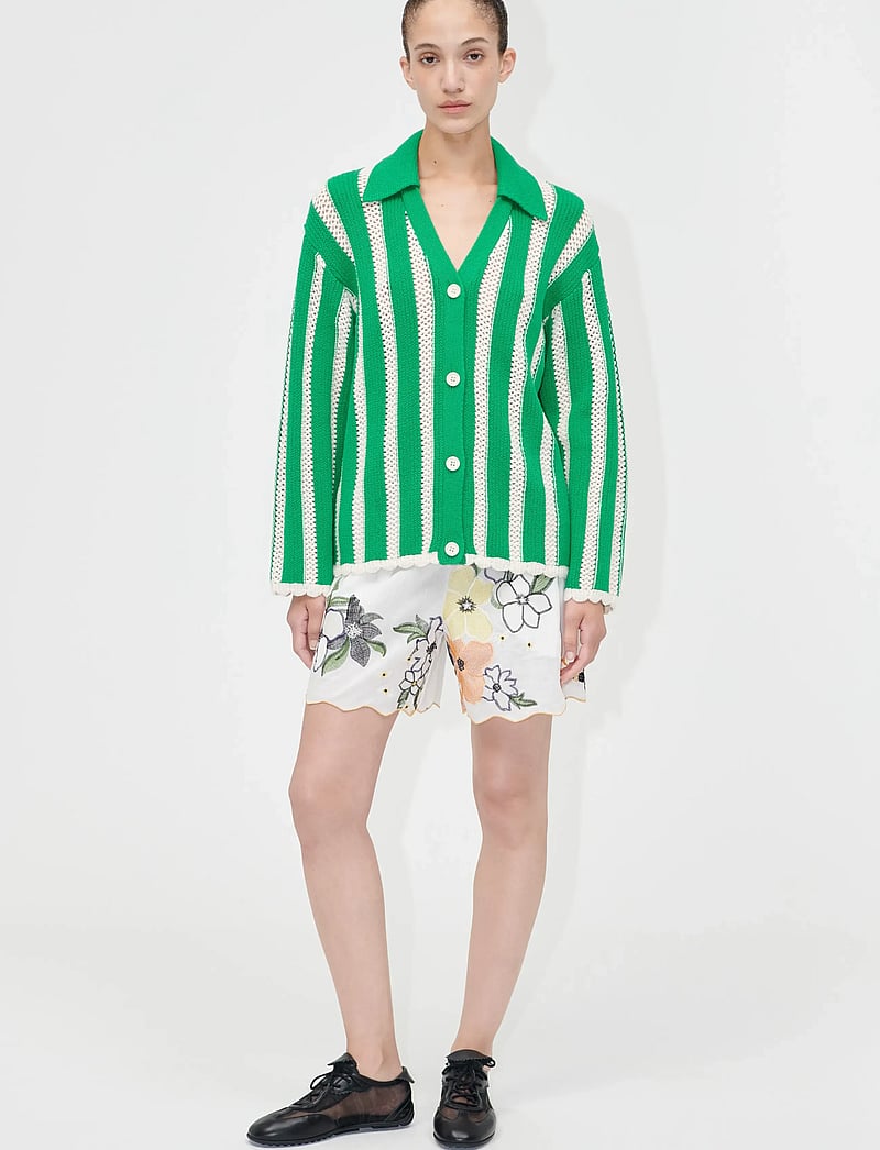 STINE GOYA - 2380 Crochet Texture Knit, Knit Col - kardiganid - green stripes - 0