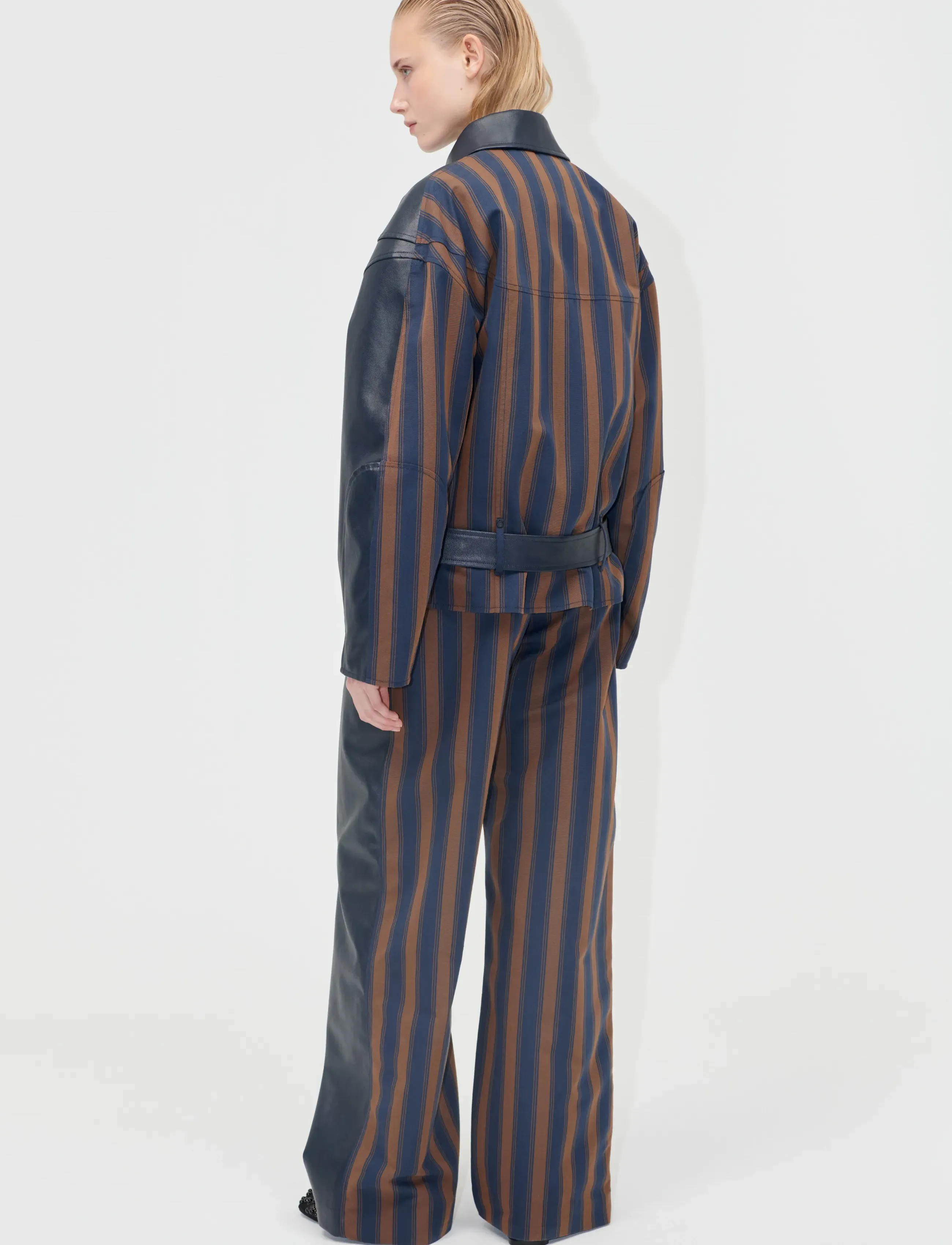 STINE GOYA - 2387 Cotton Drill / Faux Leather, H - laia säärega püksid - midnight stripes - 3
