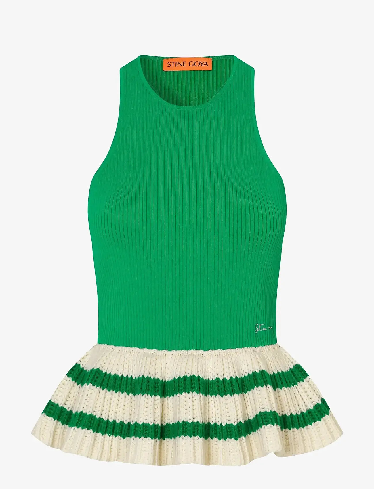 STINE GOYA - 2383 Lightweight Knit, Ruffle Tank - tanktops - green stripes - 1