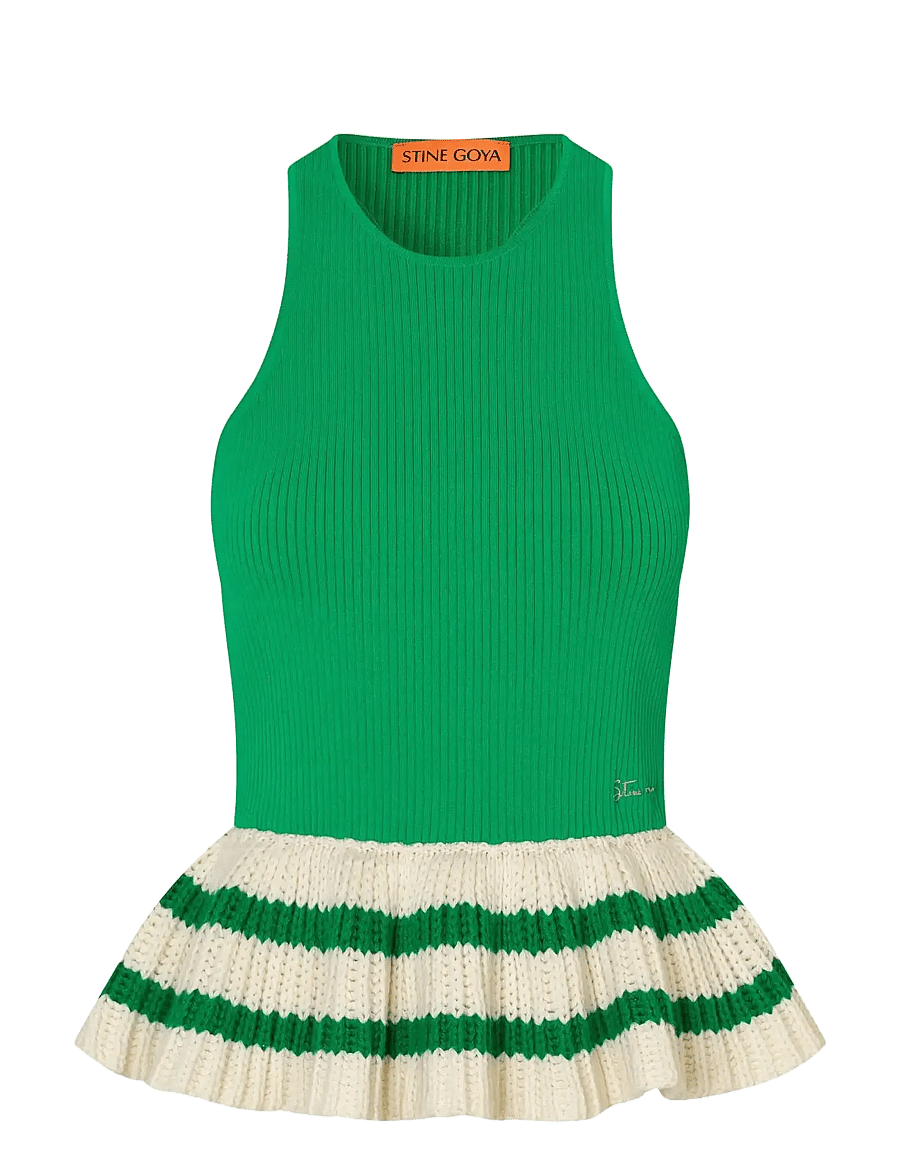STINE GOYA - 2383 Lightweight Knit, Ruffle Tank - Ärmellose tops - green stripes - 1