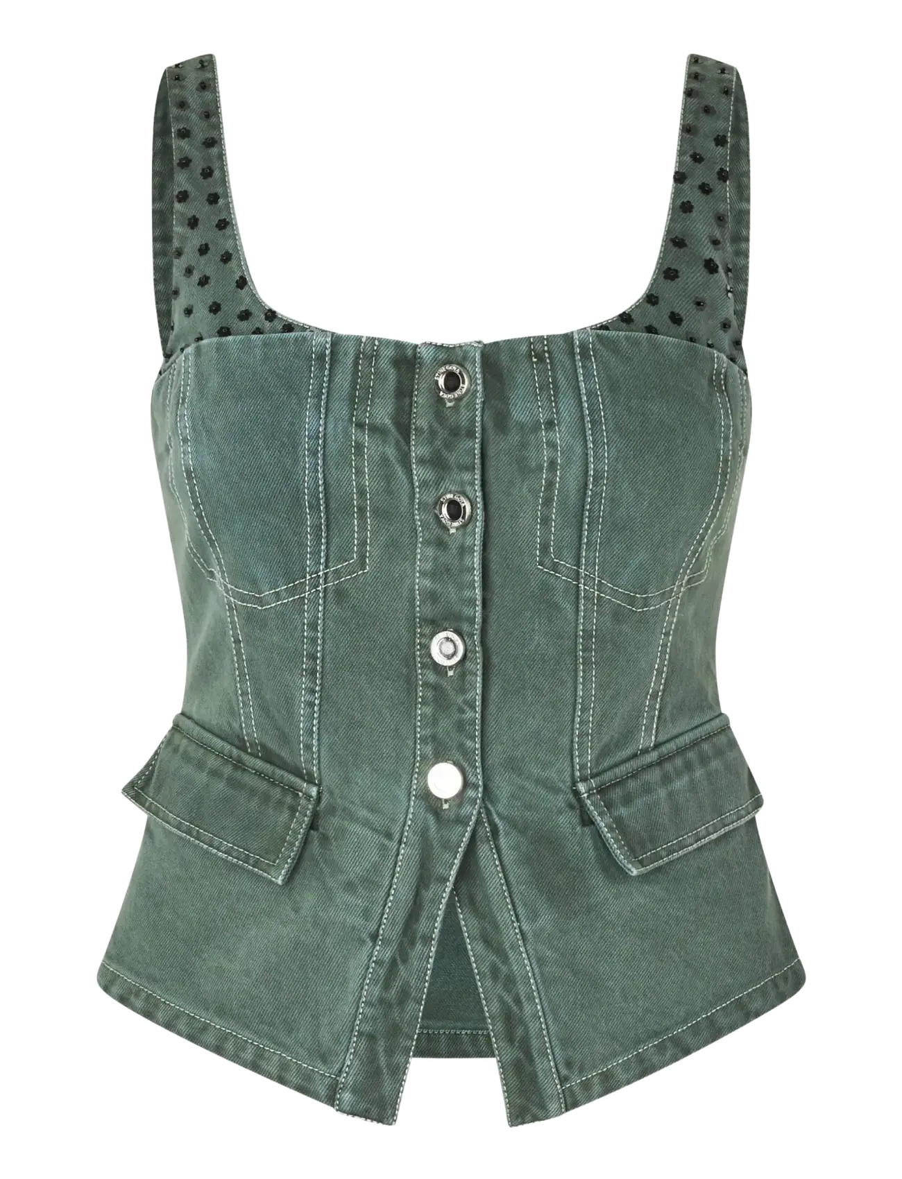 2393 Denim, Scoopneck Pockets Vest - DARK GREEN