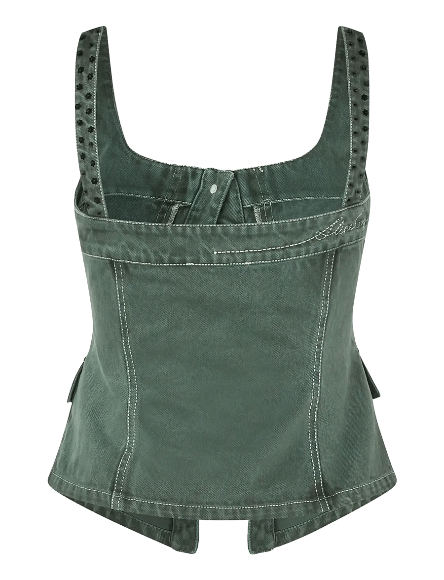 STINE GOYA - 2393 Denim, Scoopneck Pockets Vest - vestes en jean sans manches - dark green - 2